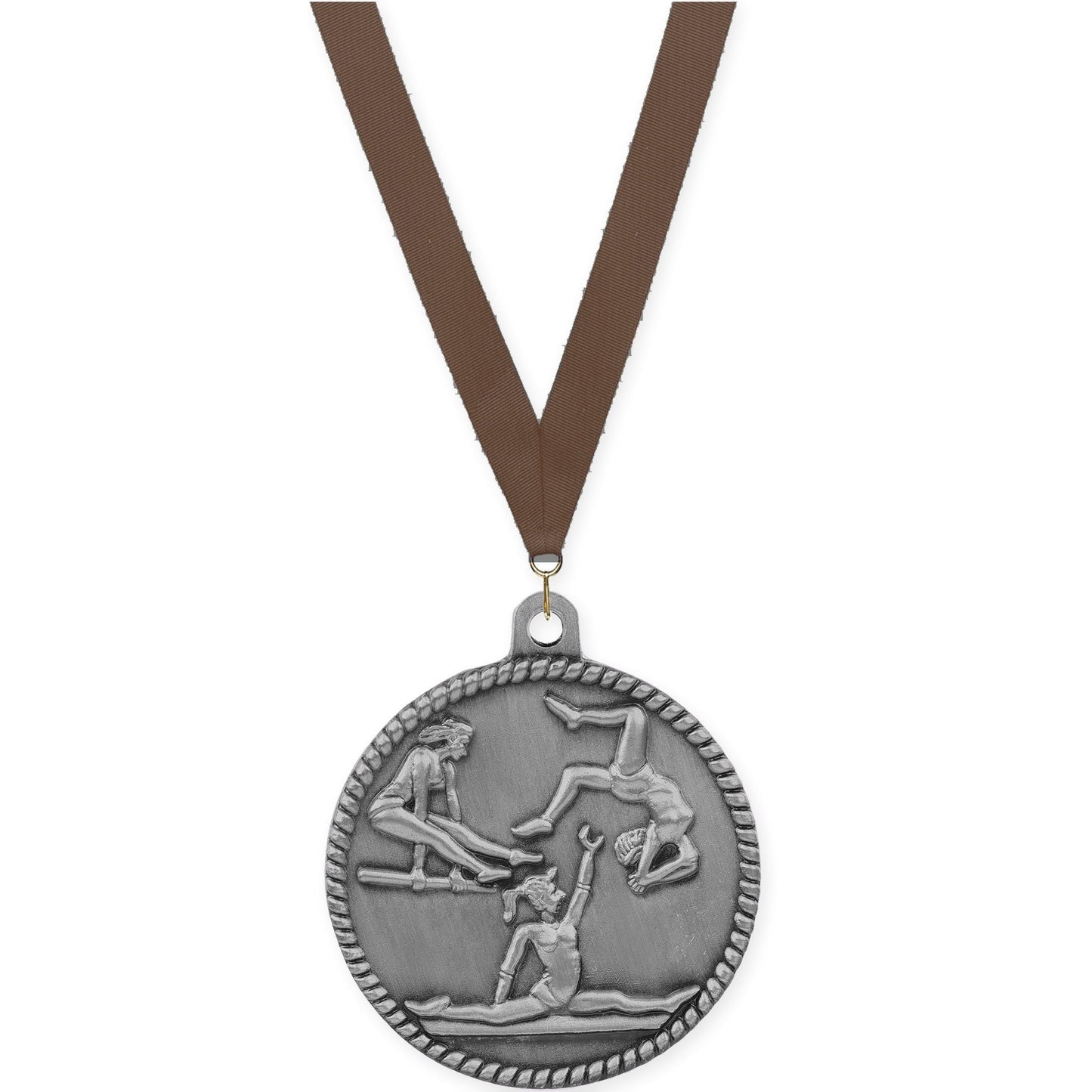 2 inch gymnastics High Relief medal in antique silver with Brown neck ribbon