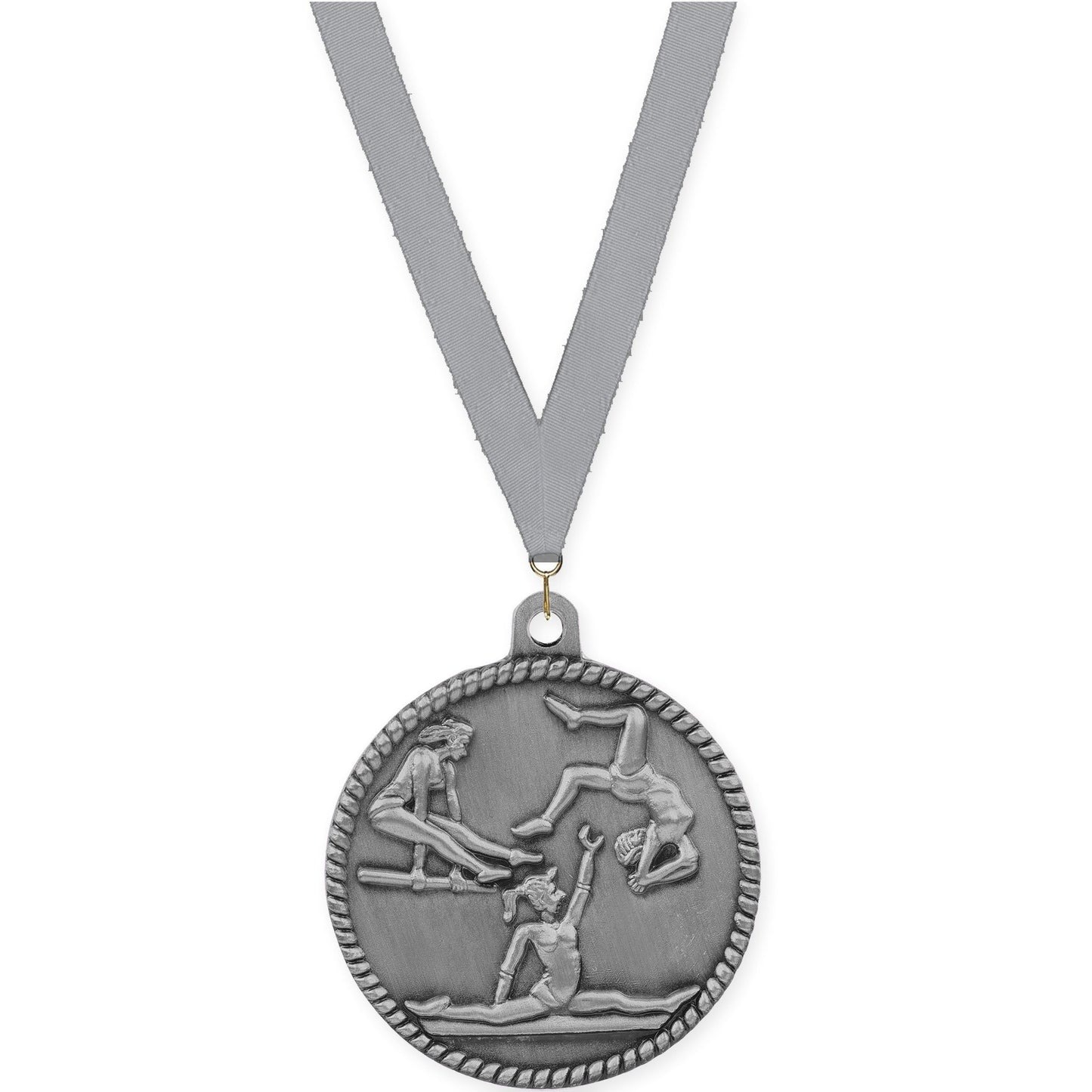 2 inch gymnastics High Relief medal in antique silver with Gray neck ribbon