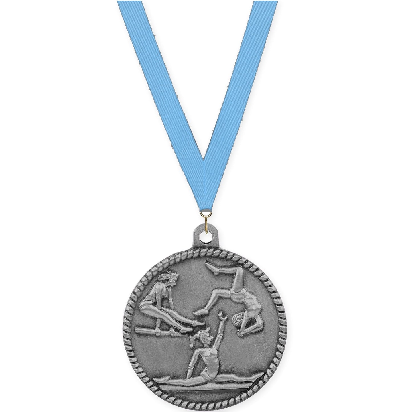 2 inch gymnastics High Relief medal in antique silver with Light Blue neck ribbon