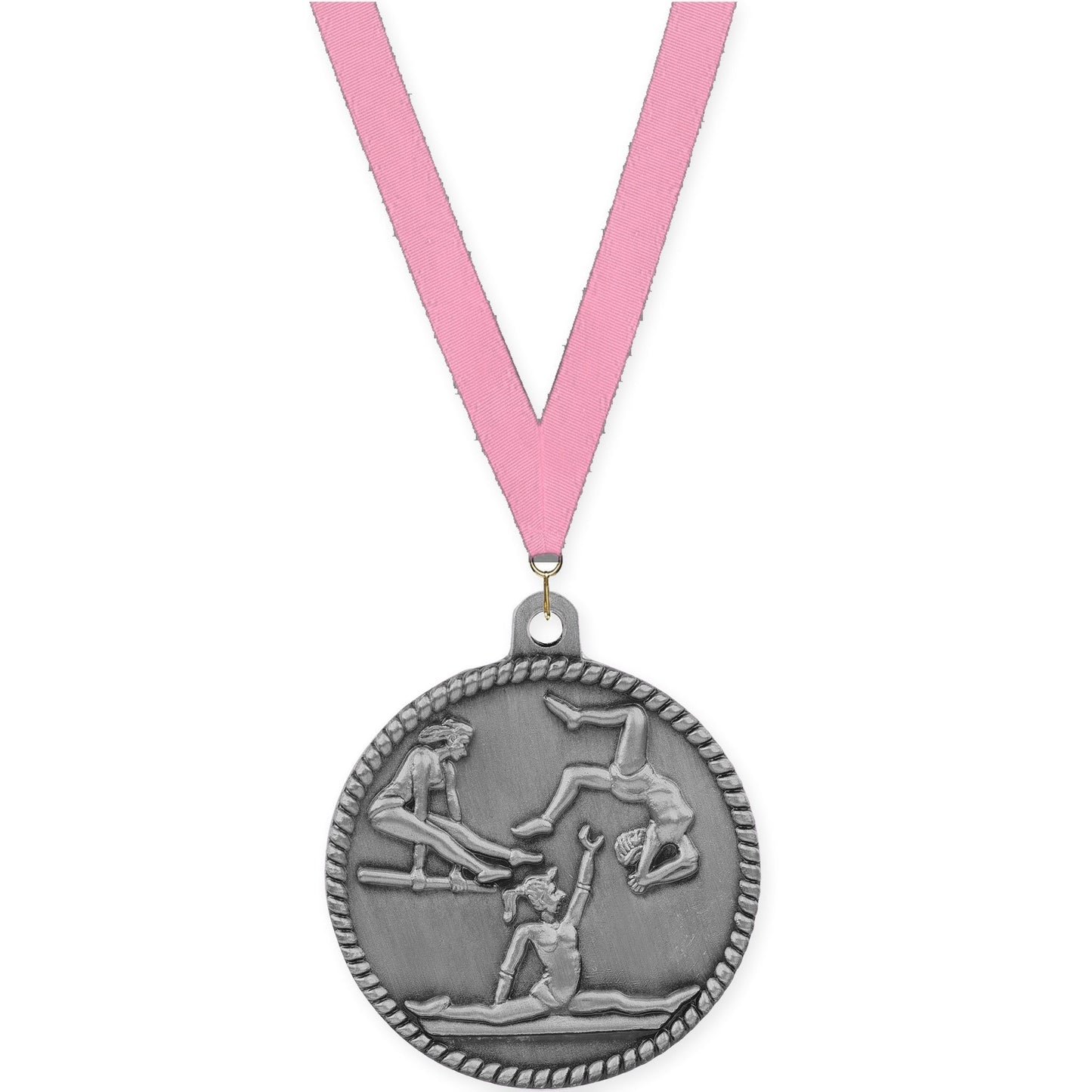 2 inch gymnastics High Relief medal in antique silver with Pink neck ribbon