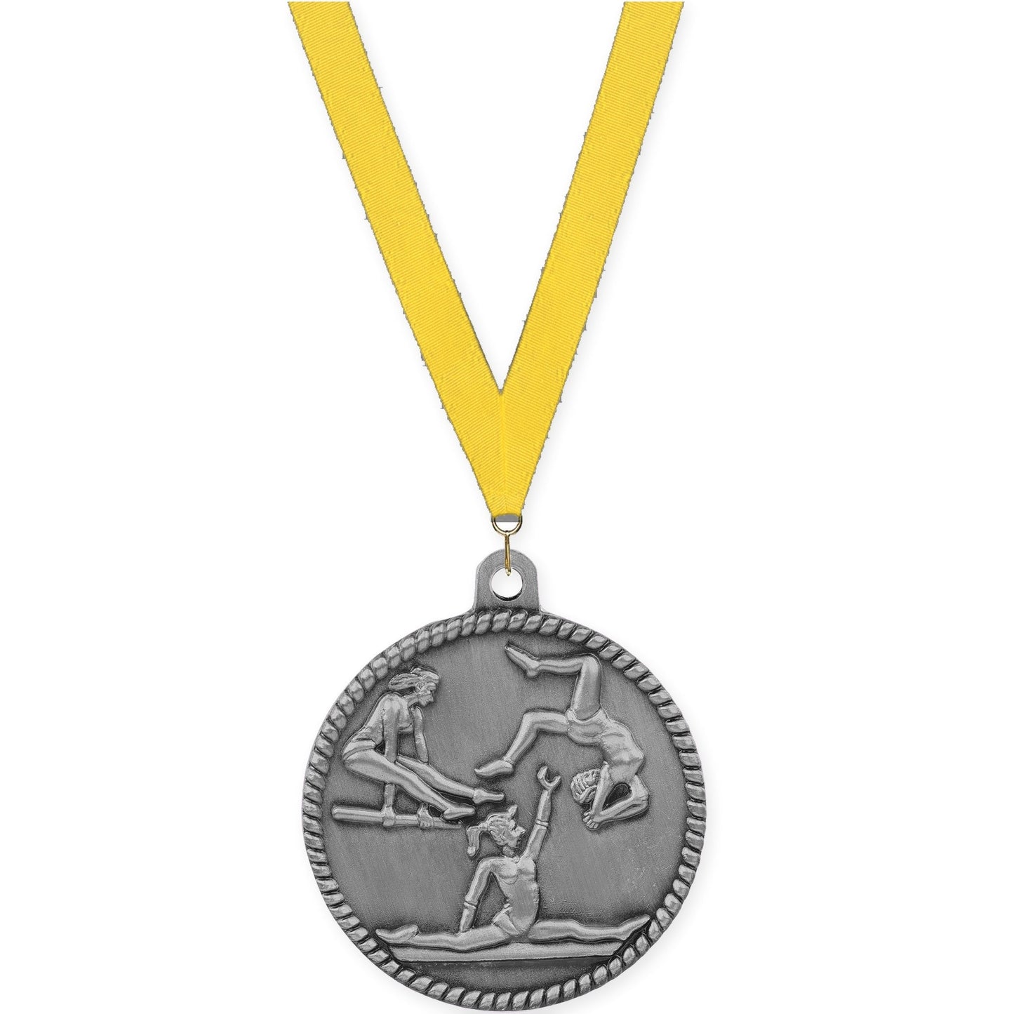 2 inch gymnastics High Relief medal in antique silver with Yellow neck ribbon