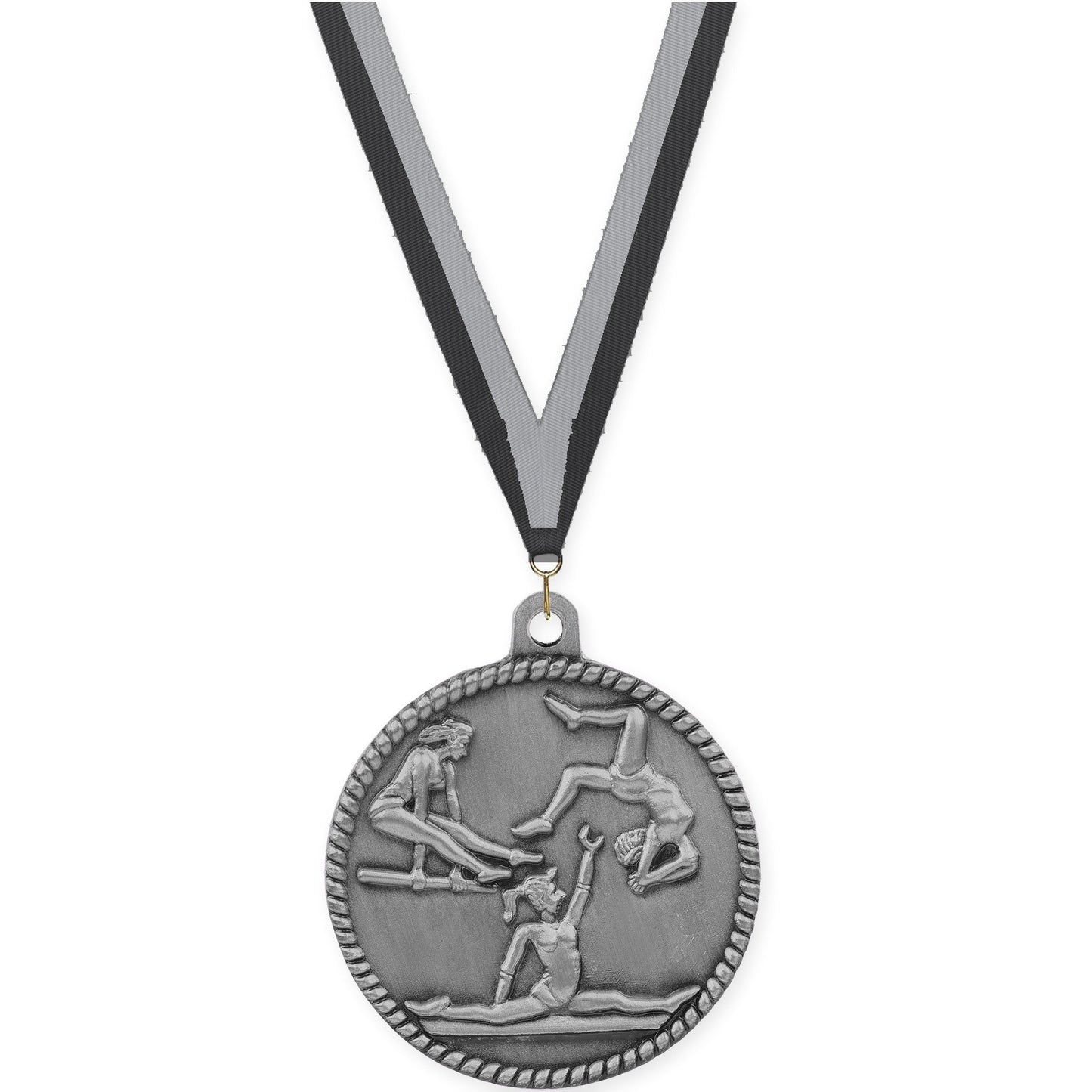 2 inch gymnastics High Relief medal in antique silver with Black Gray neck ribbon