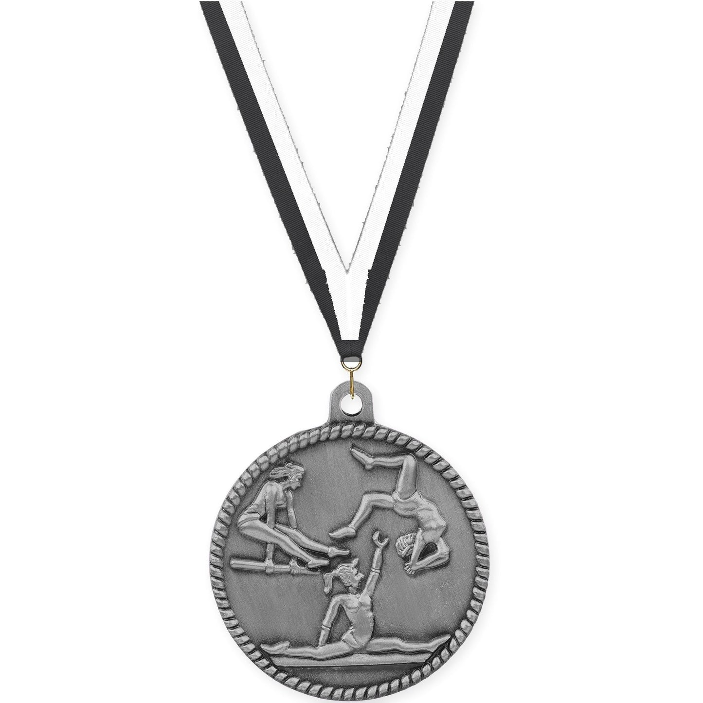 2 inch gymnastics High Relief medal in antique silver with Black White neck ribbon