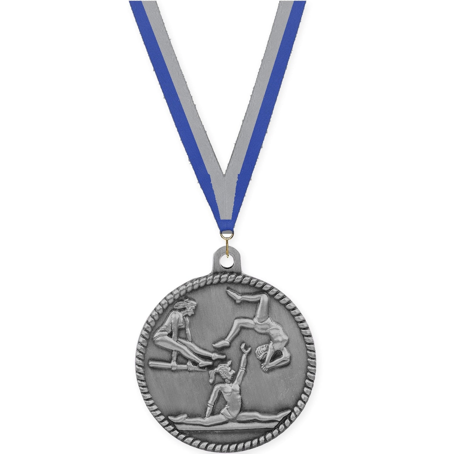 2 inch gymnastics High Relief medal in antique silver with Blue Gray neck ribbon