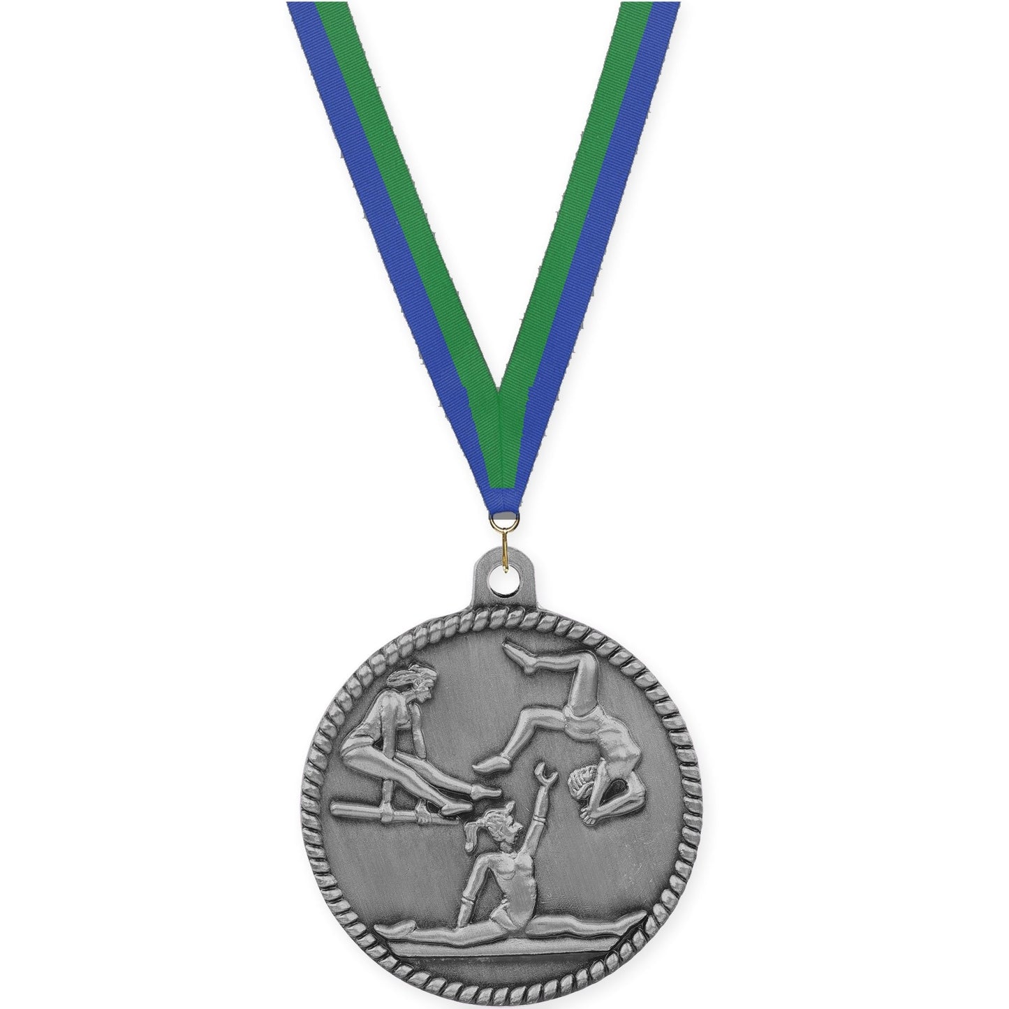 2 inch gymnastics High Relief medal in antique silver with Blue Green neck ribbon