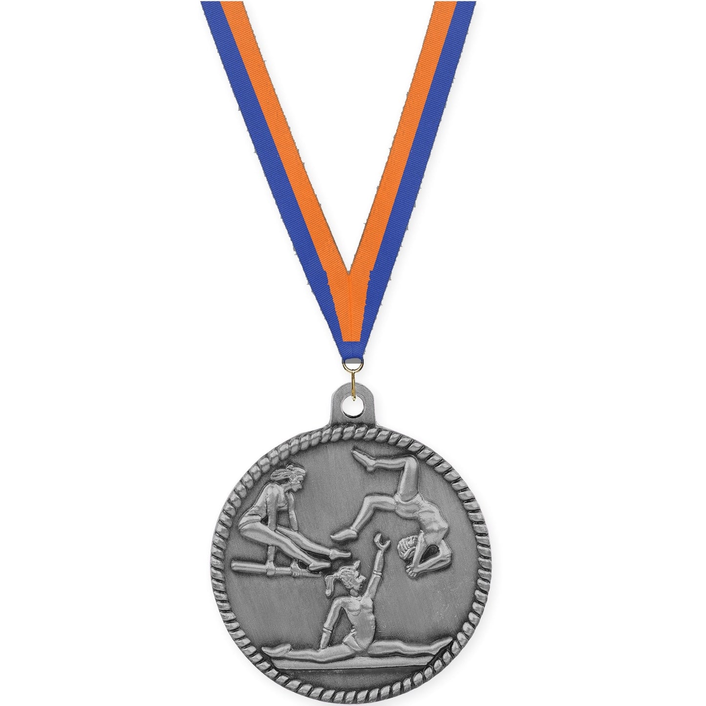 2 inch gymnastics High Relief medal in antique silver with Blue Orange neck ribbon