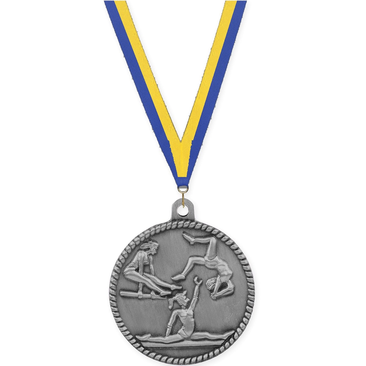 2 inch gymnastics High Relief medal in antique silver with Blue Yellow neck ribbon