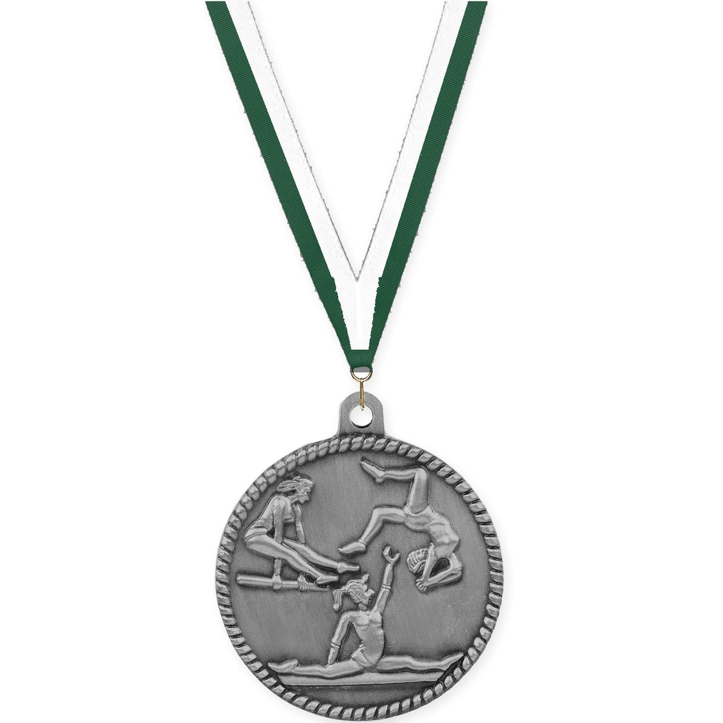 2 inch gymnastics High Relief medal in antique silver with Hunter Green White neck ribbon