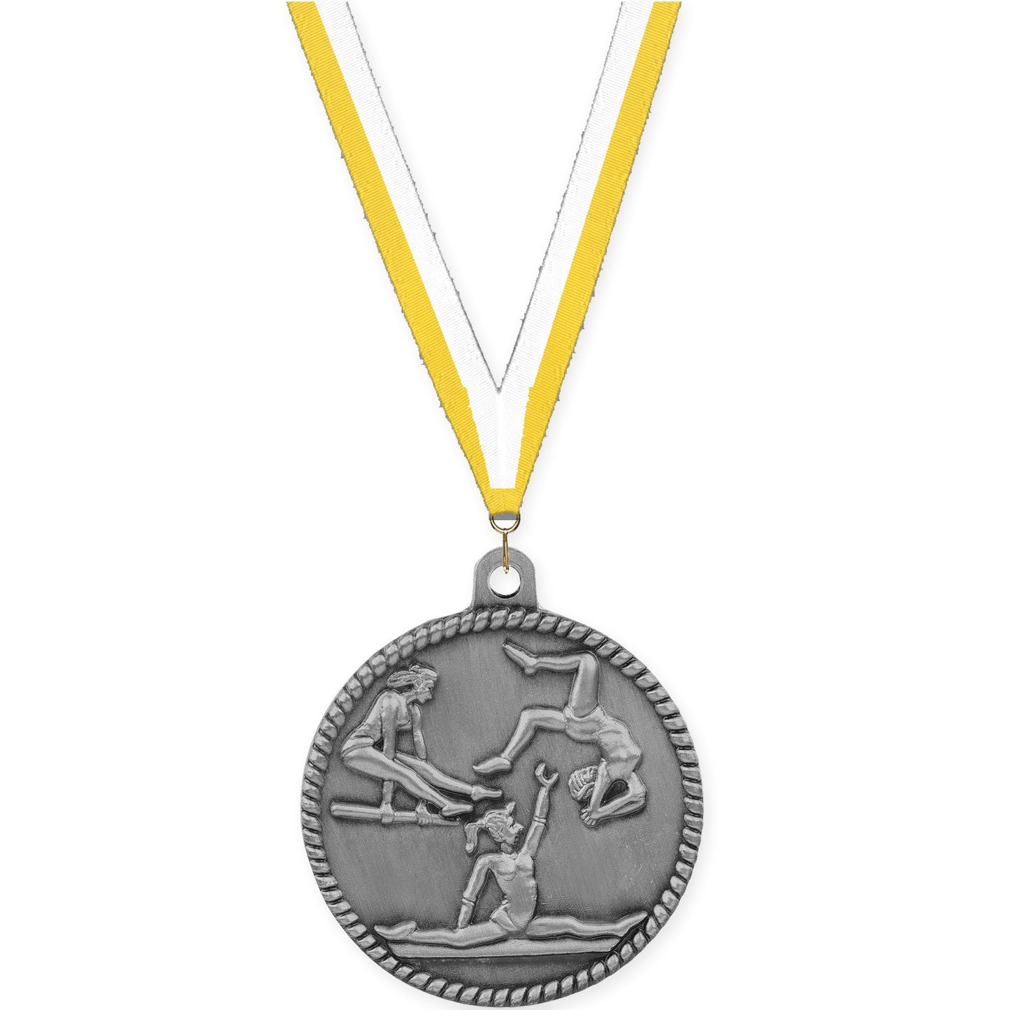 2 inch gymnastics High Relief medal in antique silver with Yellow White neck ribbon