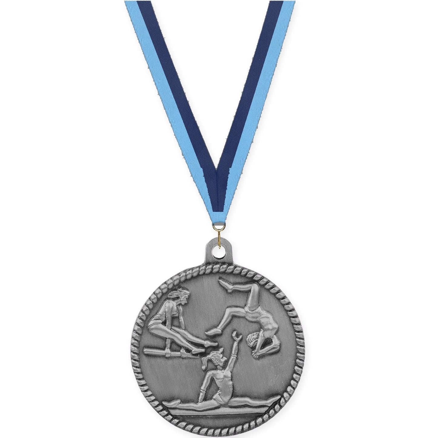 2 inch gymnastics High Relief medal in antique silver with Light Blue Navy neck ribbon