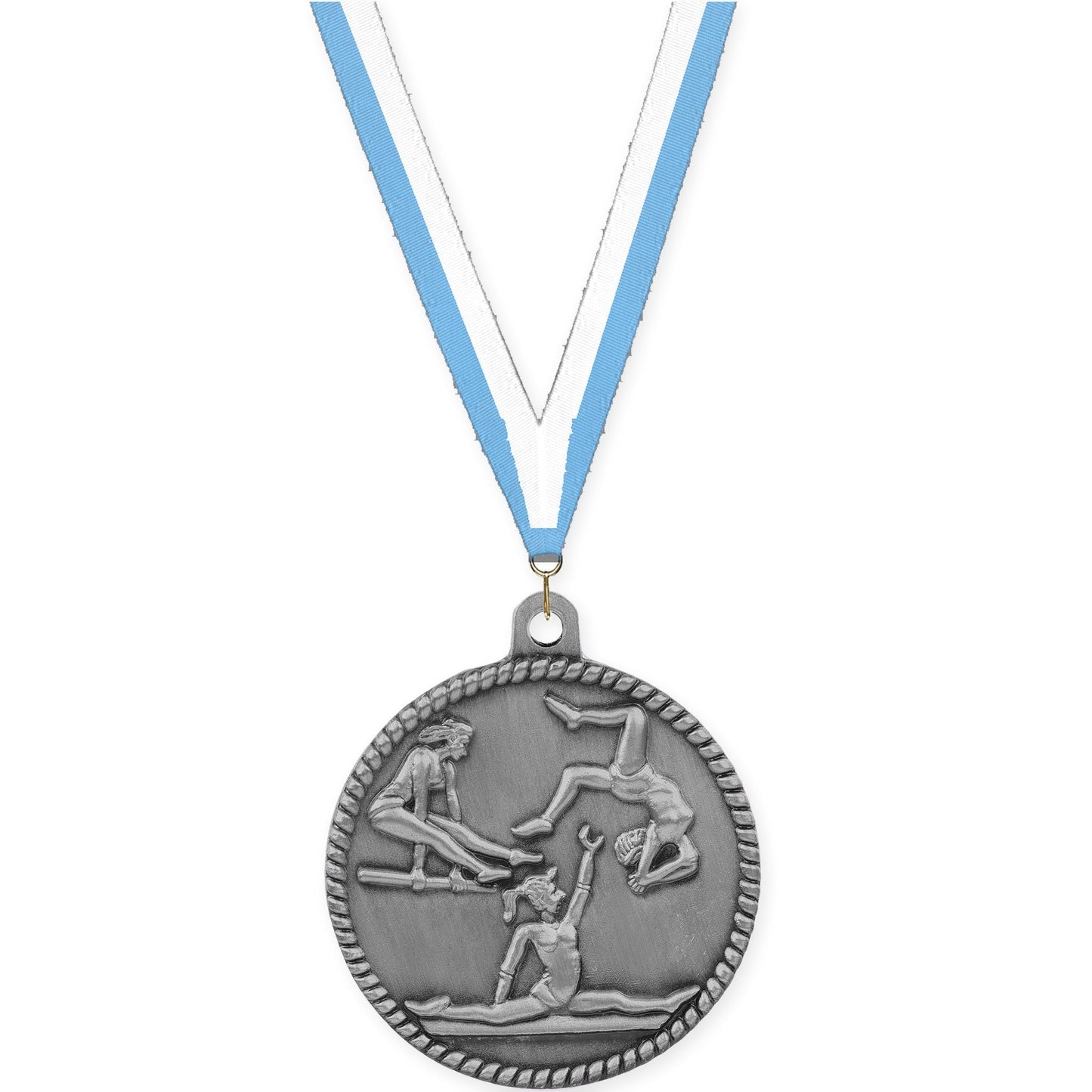 2 inch gymnastics High Relief medal in antique silver with Light Blue White neck ribbon
