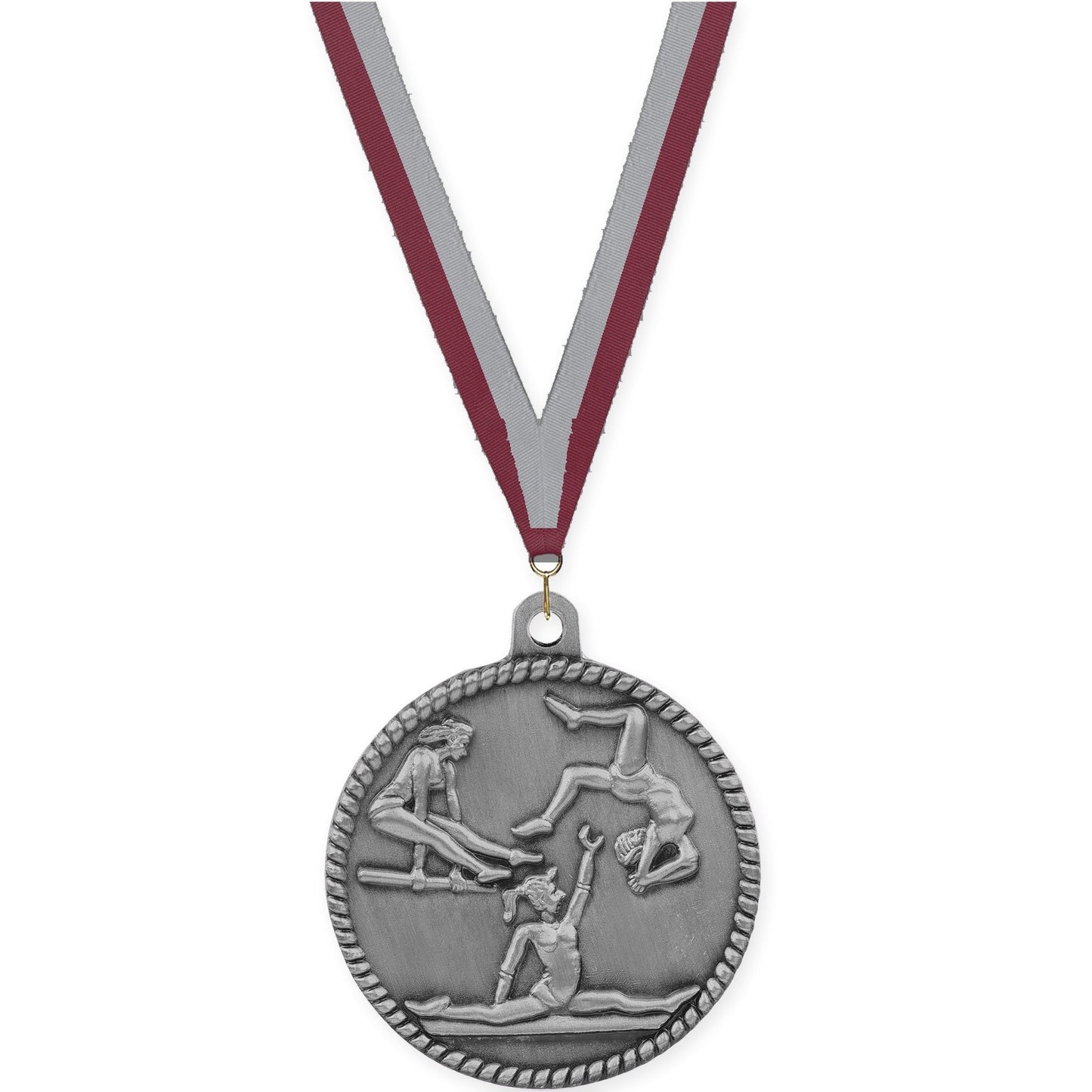 2 inch gymnastics High Relief medal in antique silver with Maroon Gray neck ribbon