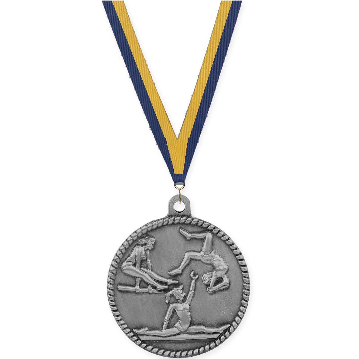 2 inch gymnastics High Relief medal in antique silver with Navy Gold neck ribbon