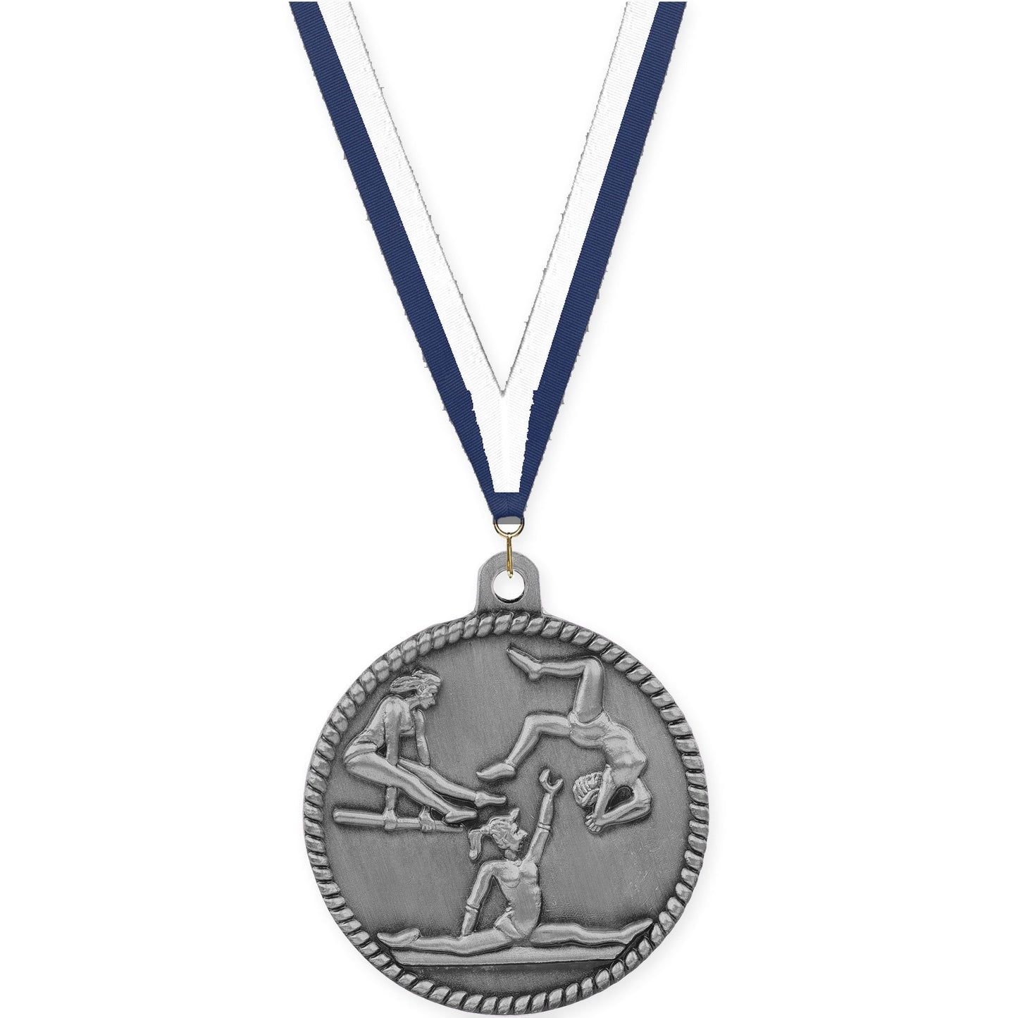 2 inch gymnastics High Relief medal in antique silver with Navy White neck ribbon