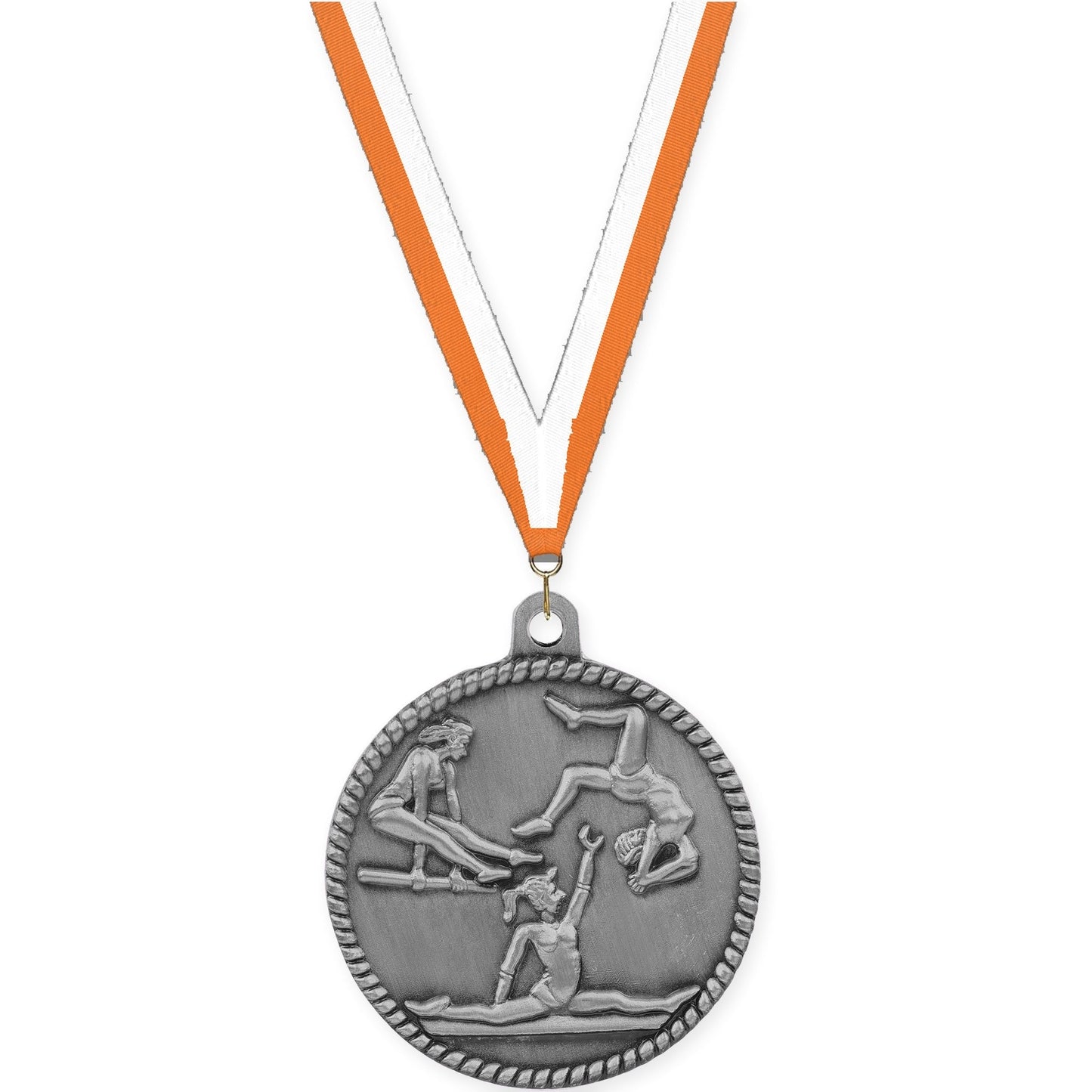 2 inch gymnastics High Relief medal in antique silver with Orange White neck ribbon