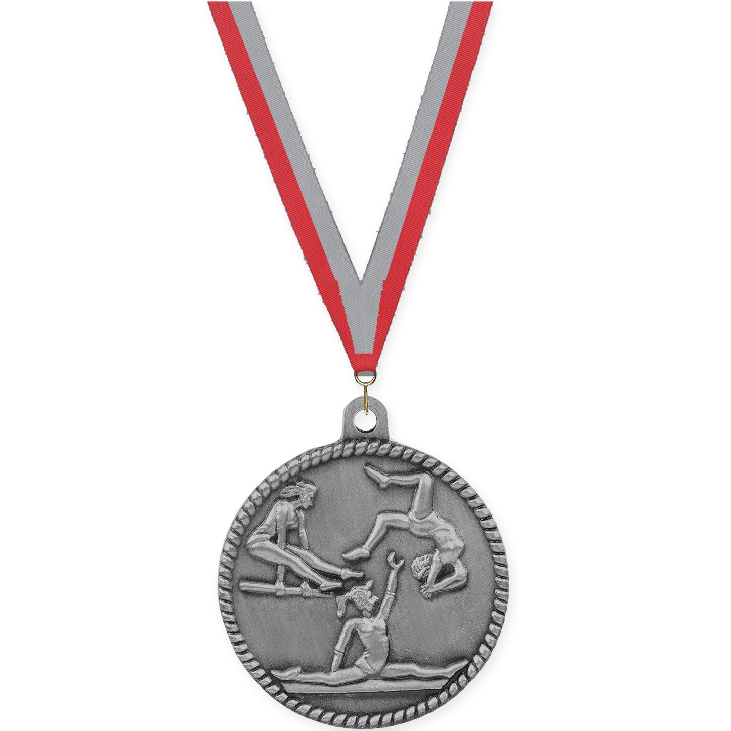 2 inch gymnastics High Relief medal in antique silver with Red Gray neck ribbon