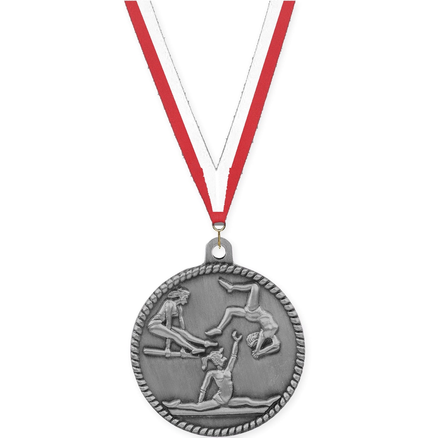 2 inch gymnastics High Relief medal in antique silver with Red White neck ribbon