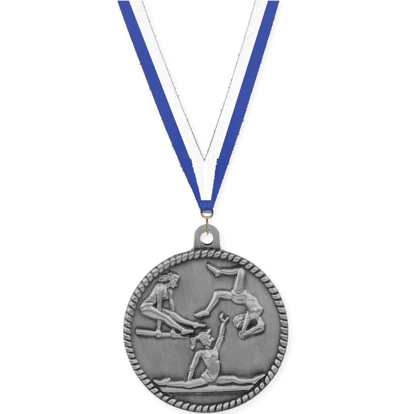 2 inch gymnastics High Relief medal in antique silver with Blue White neck ribbon