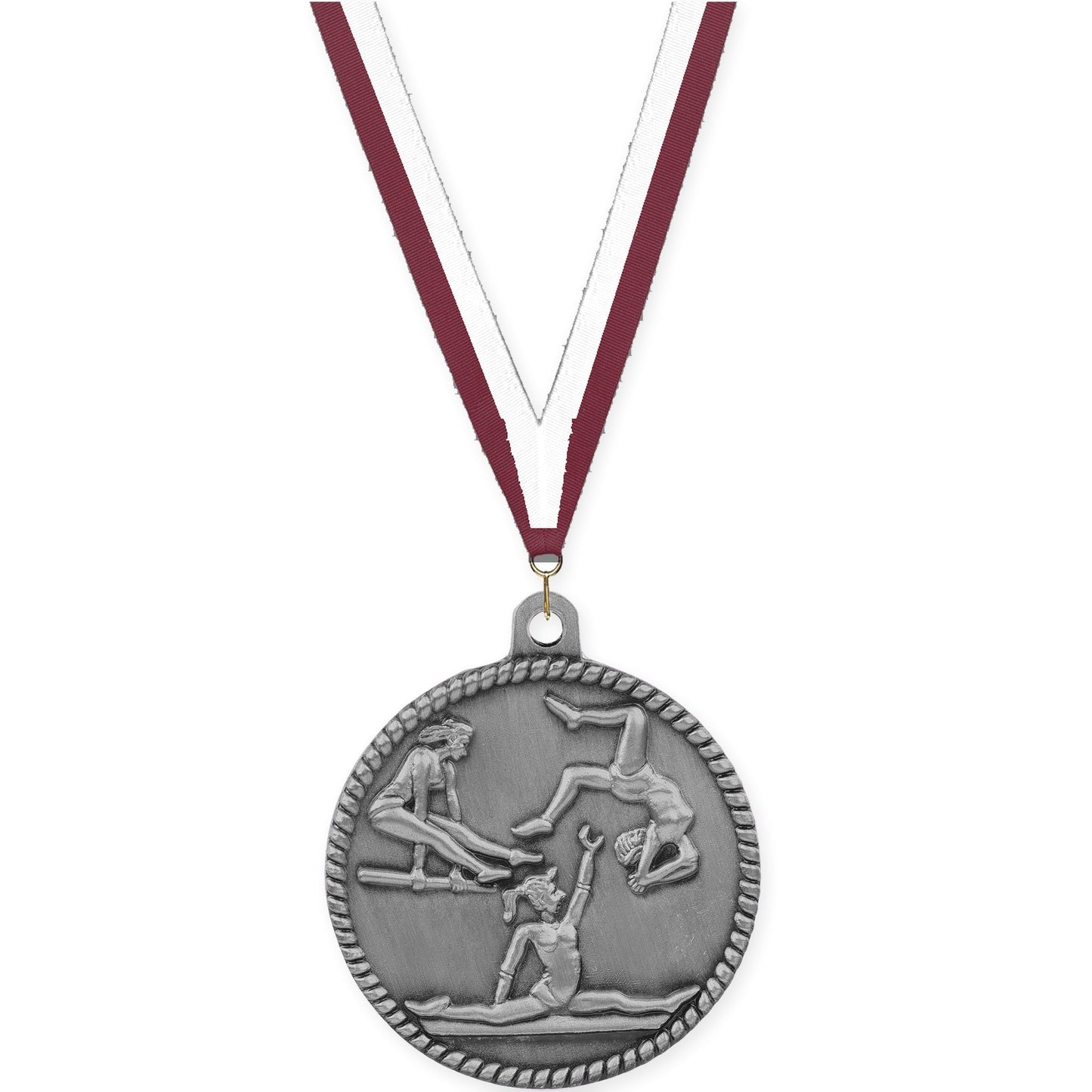 2 inch gymnastics High Relief medal in antique silver with Maroon White neck ribbon