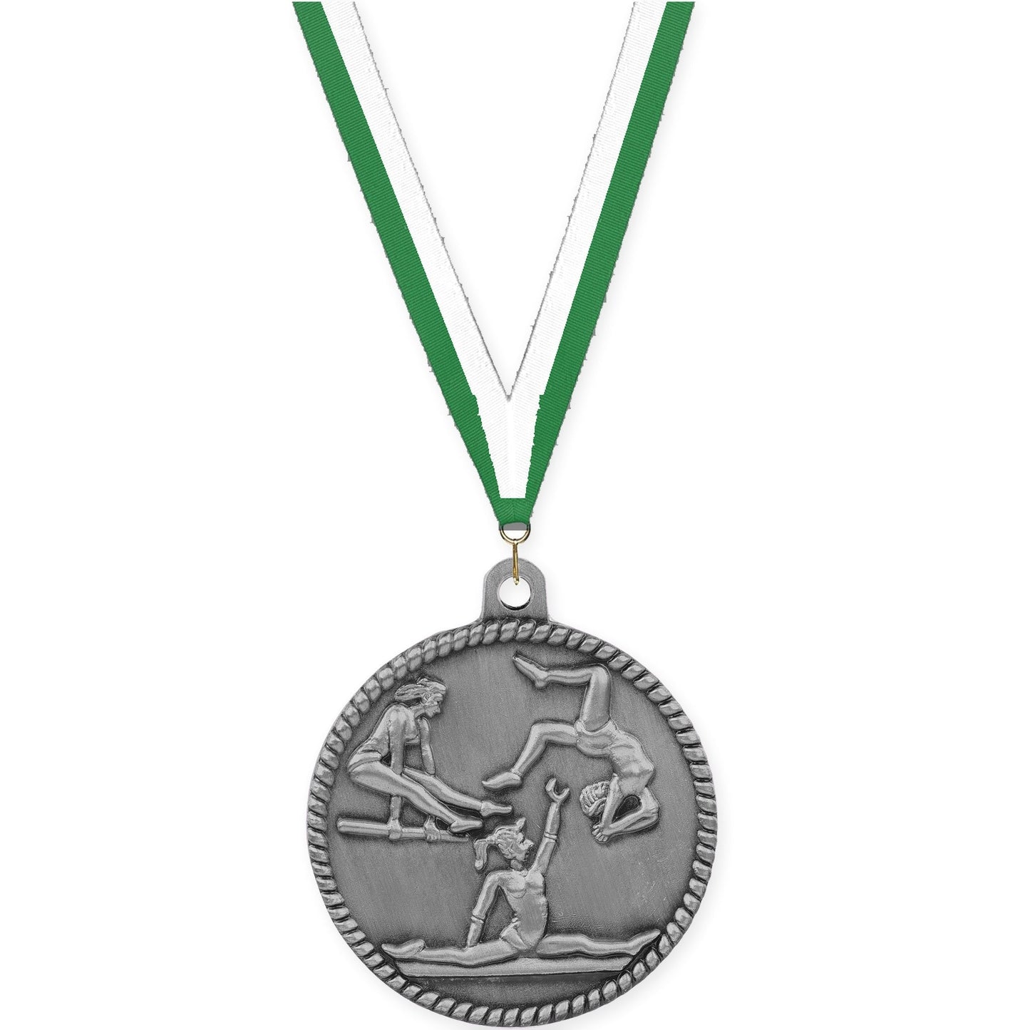 2 inch gymnastics High Relief medal in antique silver with Green White neck ribbon