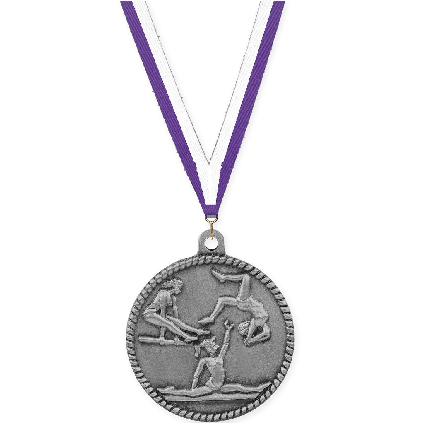 2 inch gymnastics High Relief medal in antique silver with Purple White neck ribbon