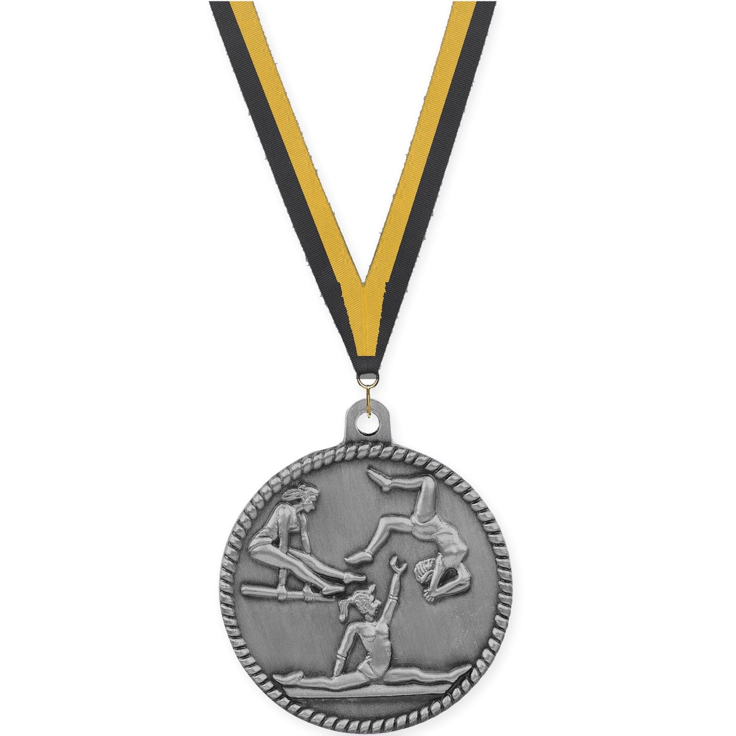 2 inch gymnastics High Relief medal in antique silver with Black Gold neck ribbon