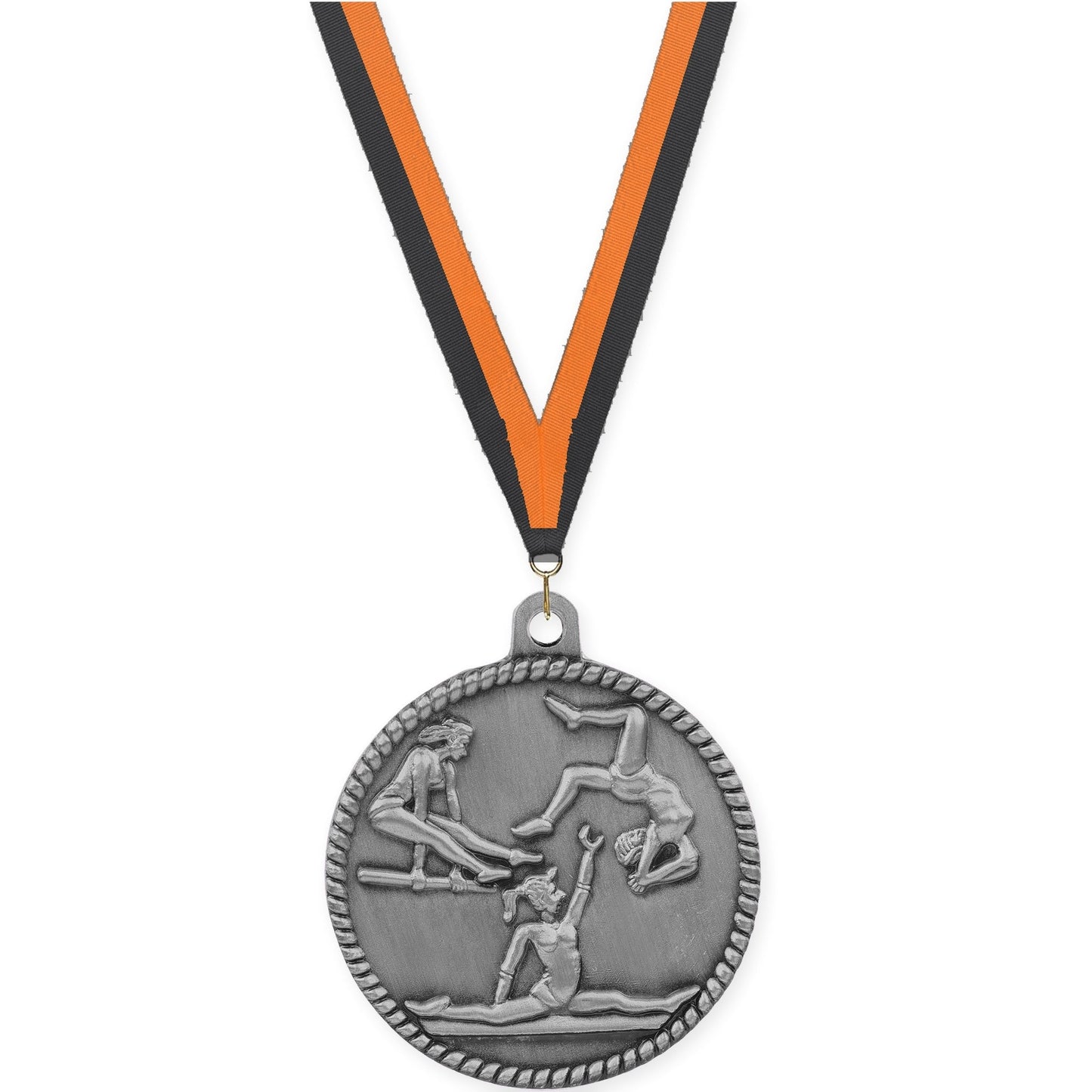 2 inch gymnastics High Relief medal in antique silver with Black Orange neck ribbon