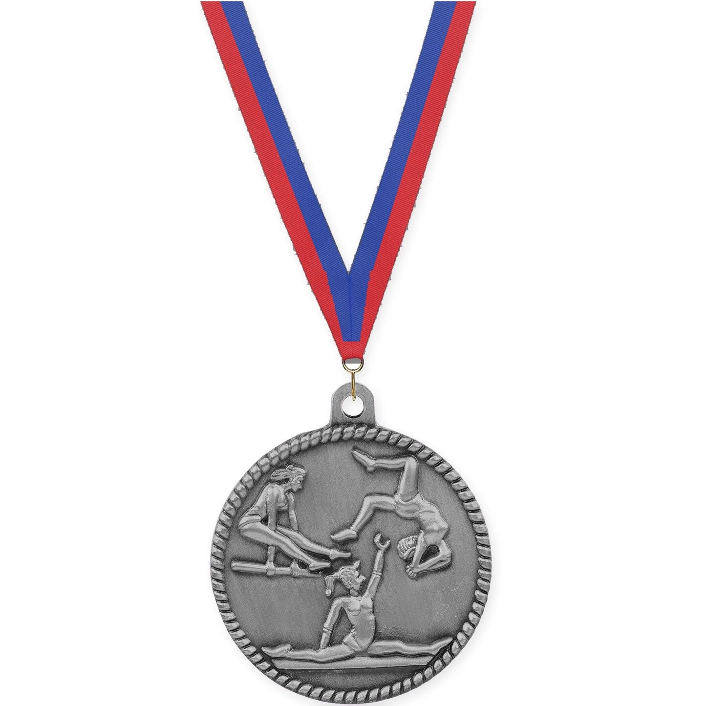 2 inch gymnastics High Relief medal in antique silver with Blue Red neck ribbon
