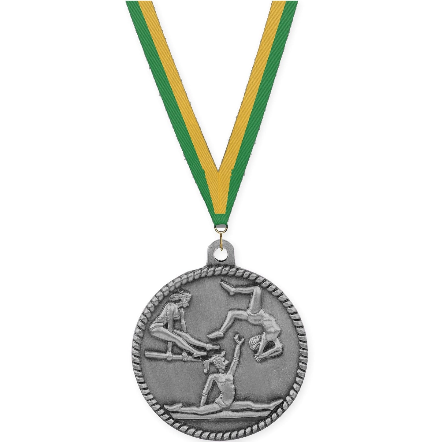 2 inch gymnastics High Relief medal in antique silver with Green Gold neck ribbon