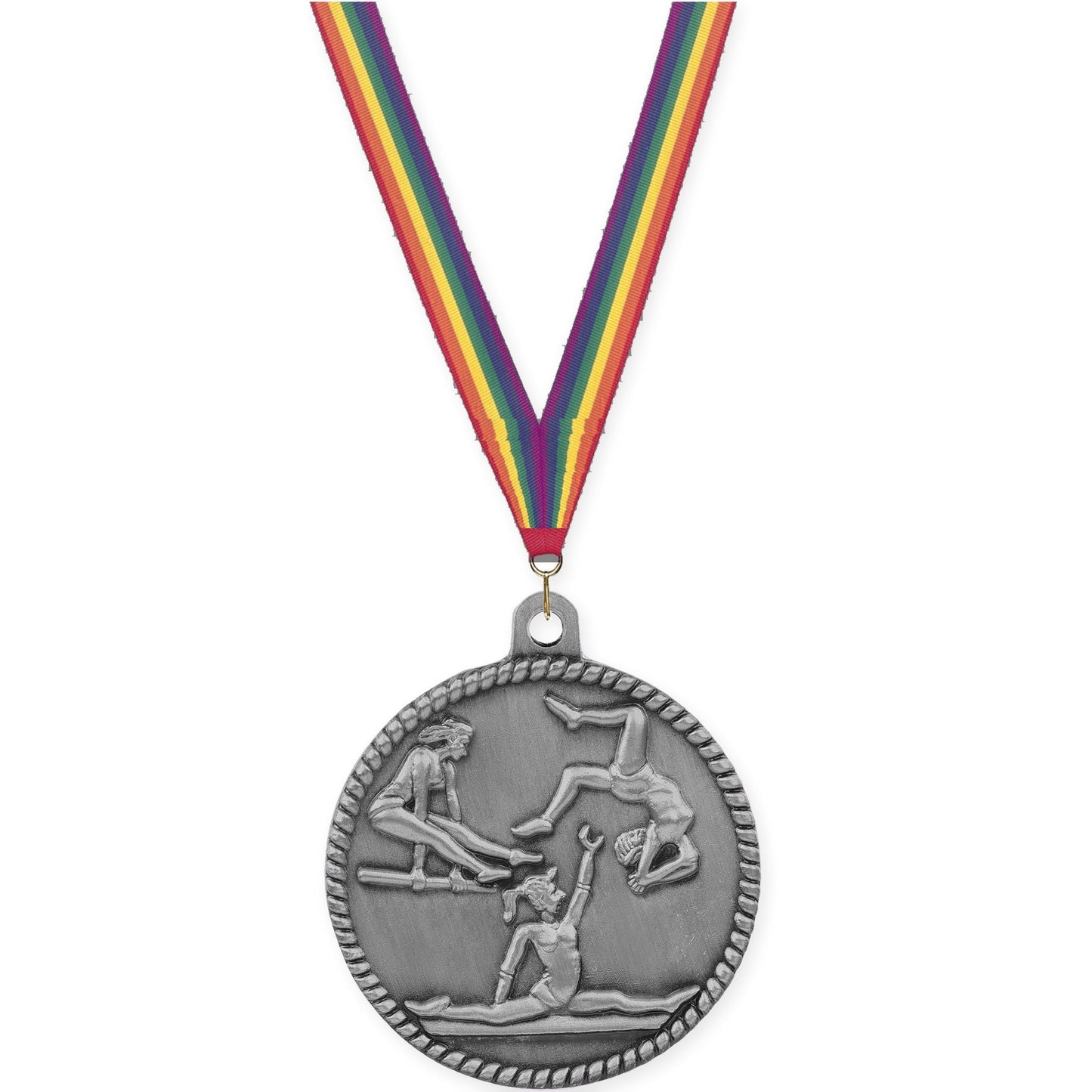 2 inch gymnastics High Relief medal in antique silver with Rainbow neck ribbon