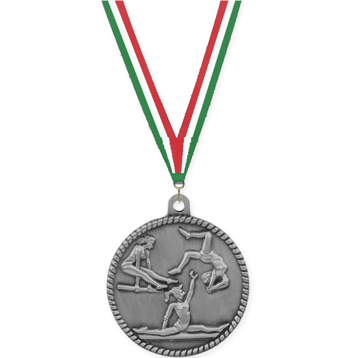 2 inch gymnastics High Relief medal in antique silver with Green White Red neck ribbon