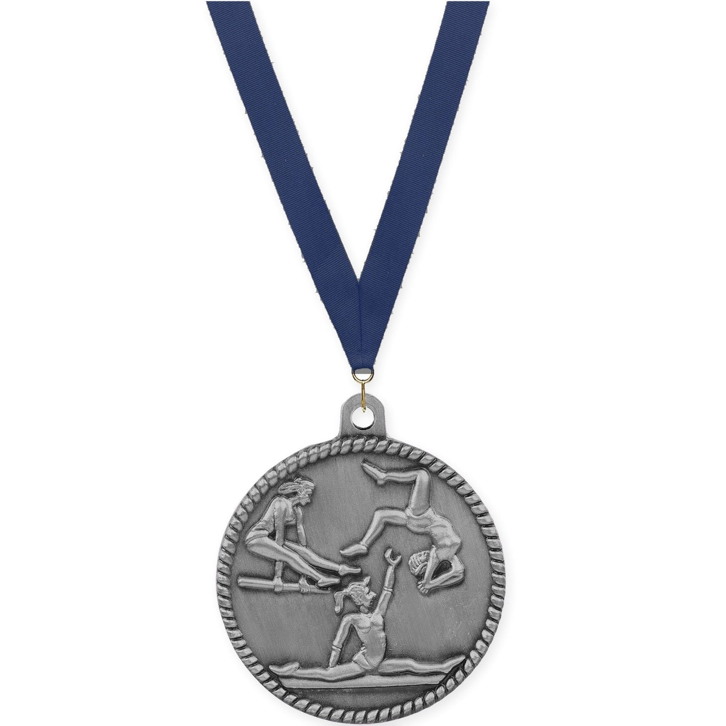 2 inch gymnastics High Relief medal in antique silver with Navy neck ribbon