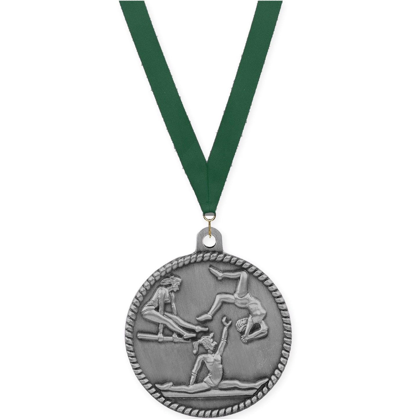 2 inch gymnastics High Relief medal in antique silver with Hunter Green neck ribbon