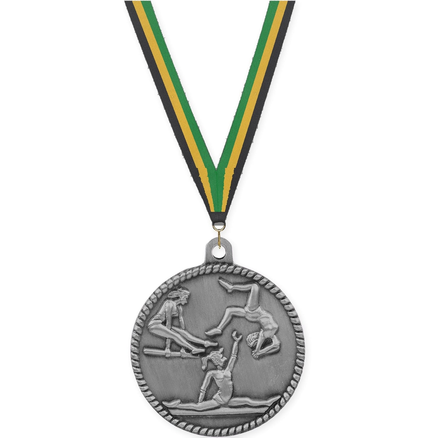 2 inch gymnastics High Relief medal in antique silver with Black Gold Green neck ribbon