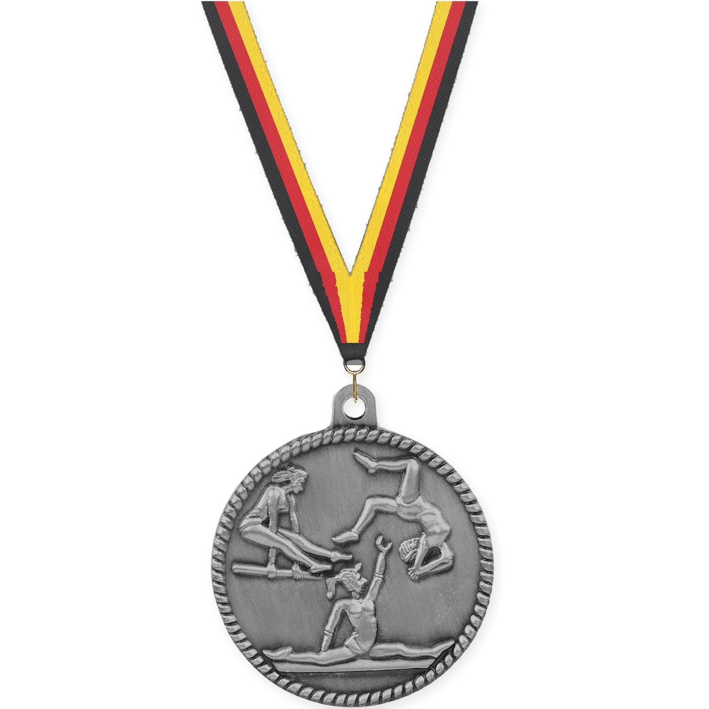 2 inch gymnastics High Relief medal in antique silver with Black Red Yellow neck ribbon