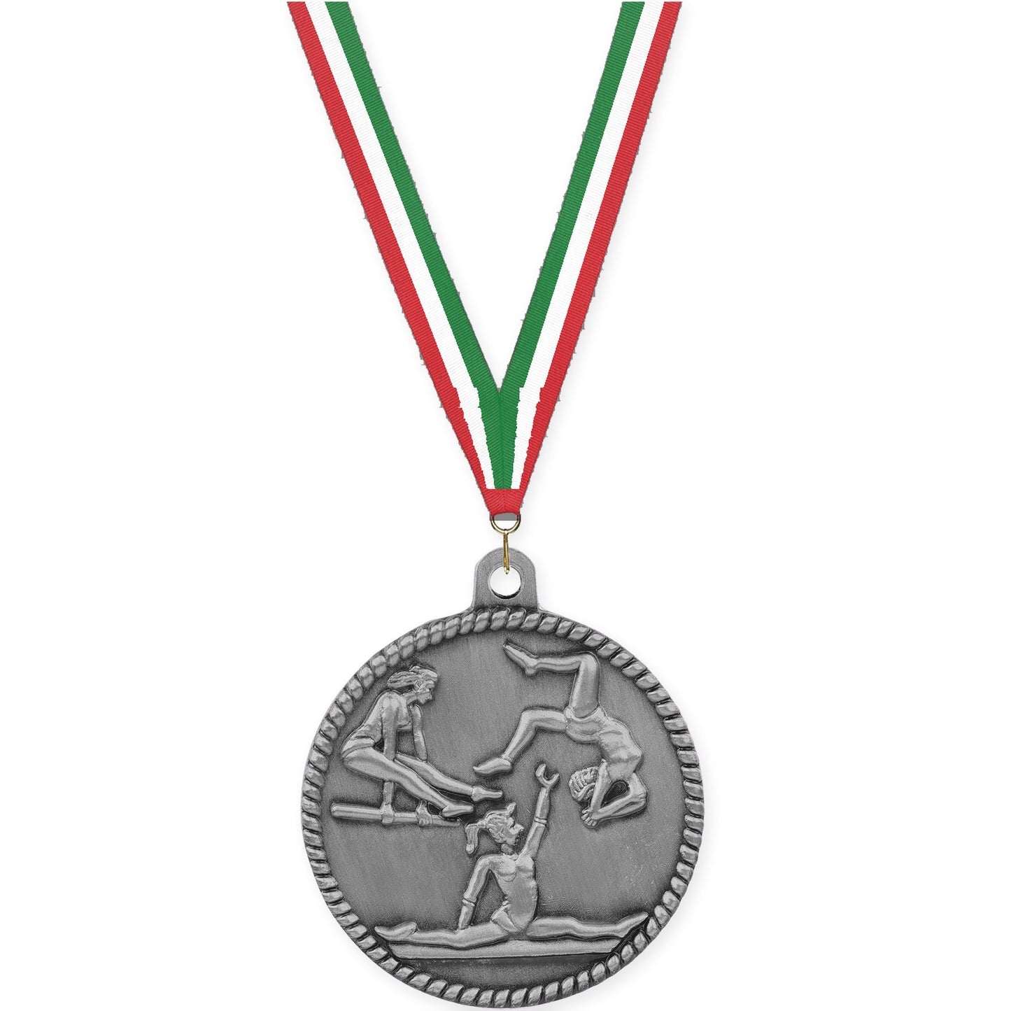 2 inch gymnastics High Relief medal in antique silver with Red White Green neck ribbon