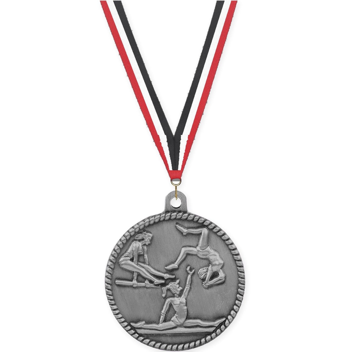 2 inch gymnastics High Relief medal in antique silver with Red White Black neck ribbon
