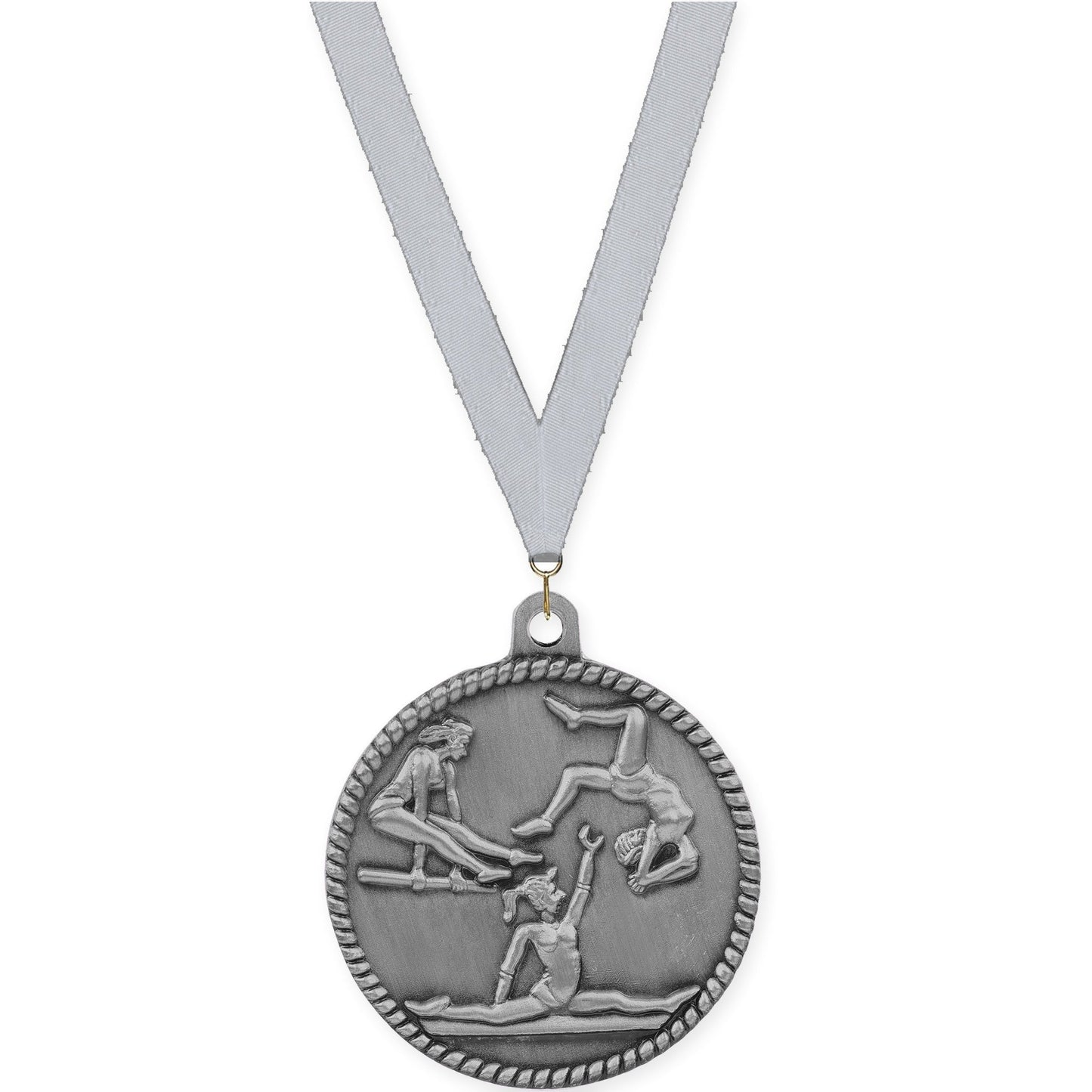 2 inch gymnastics High Relief medal in antique silver with Silver Metallic neck ribbon
