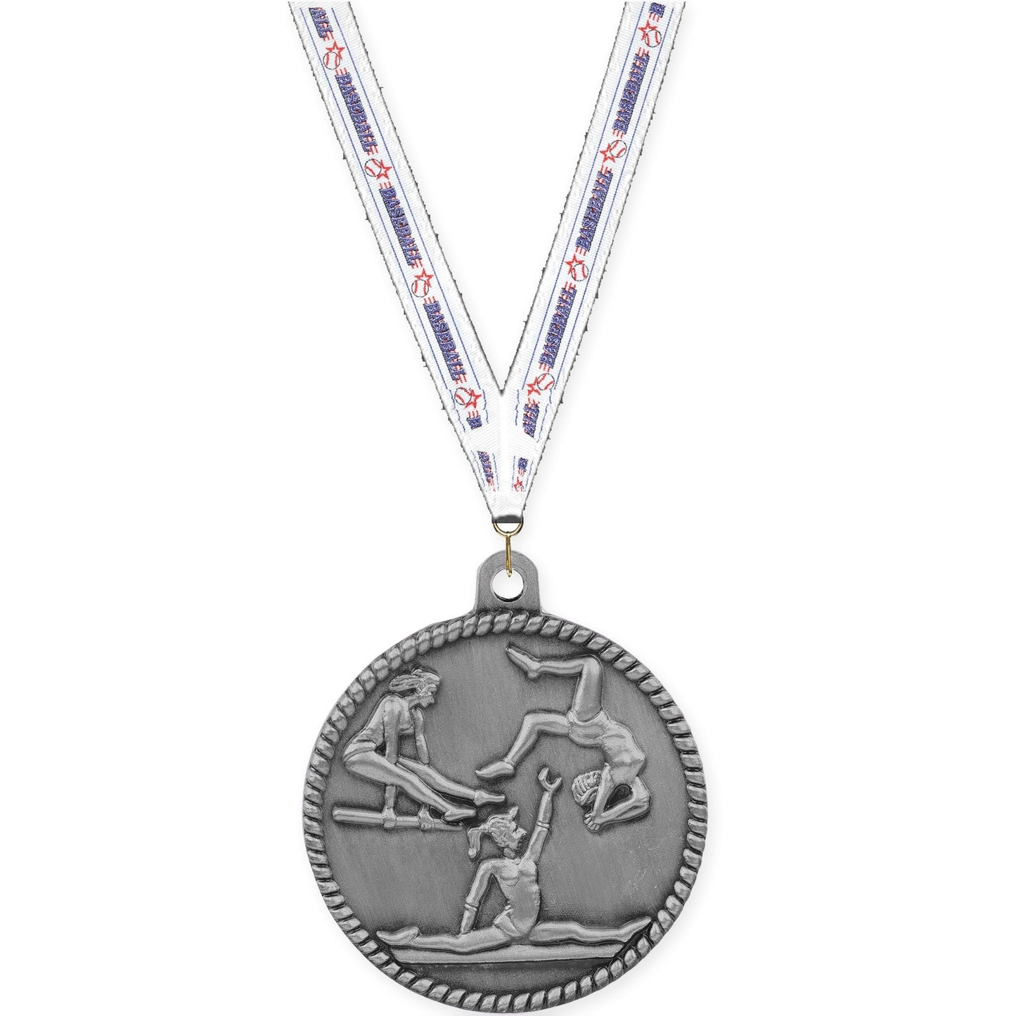 2 inch gymnastics High Relief medal in antique silver with Baseball neck ribbon