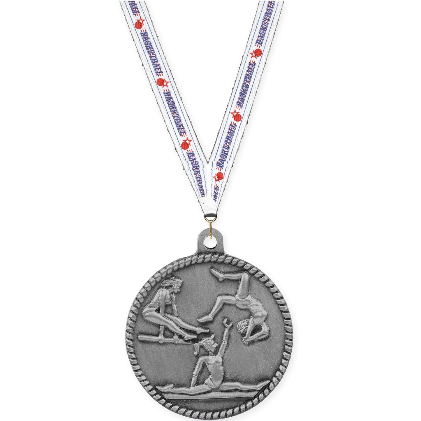2 inch gymnastics High Relief medal in antique silver with Basketball neck ribbon