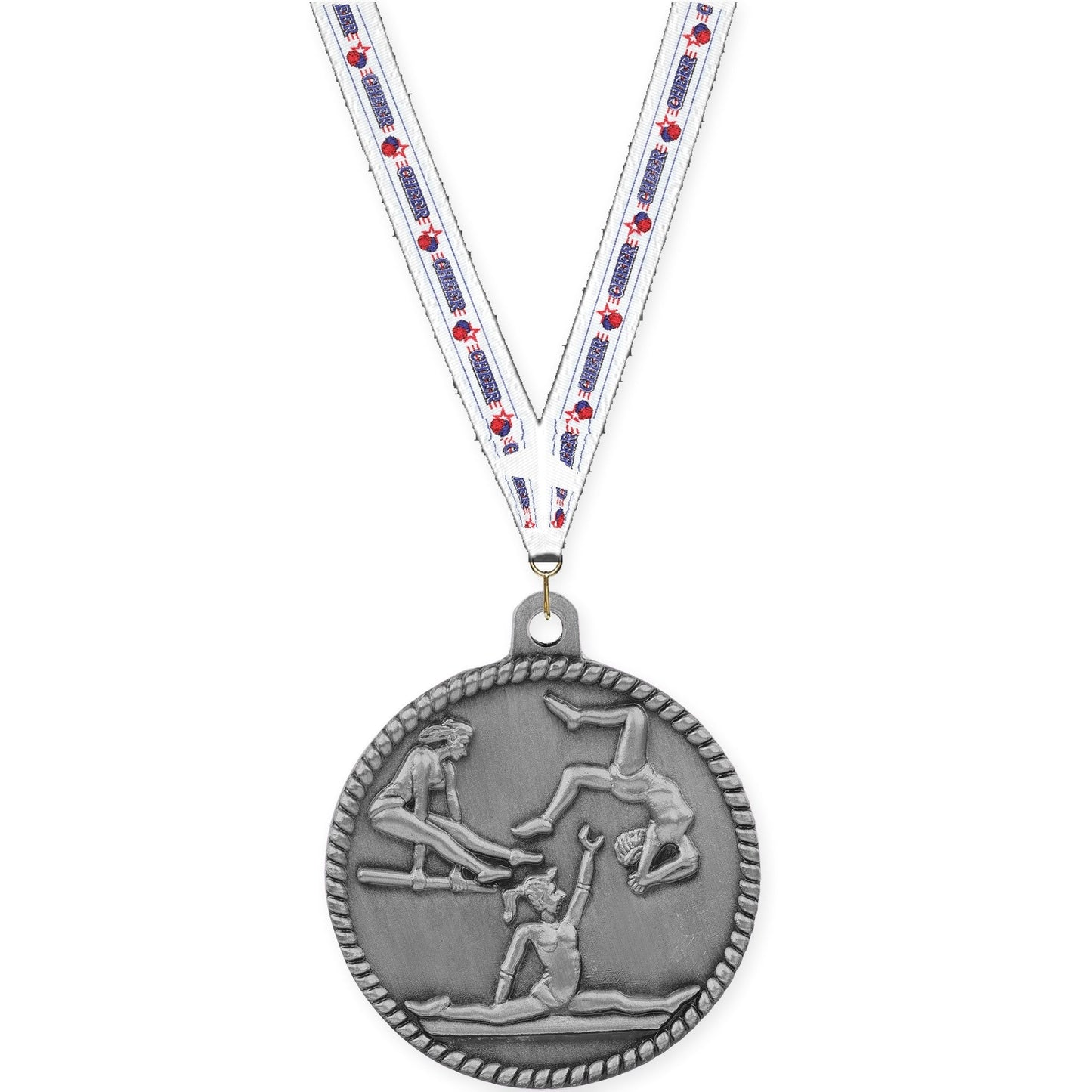 2 inch gymnastics High Relief medal in antique silver with Cheerleading neck ribbon