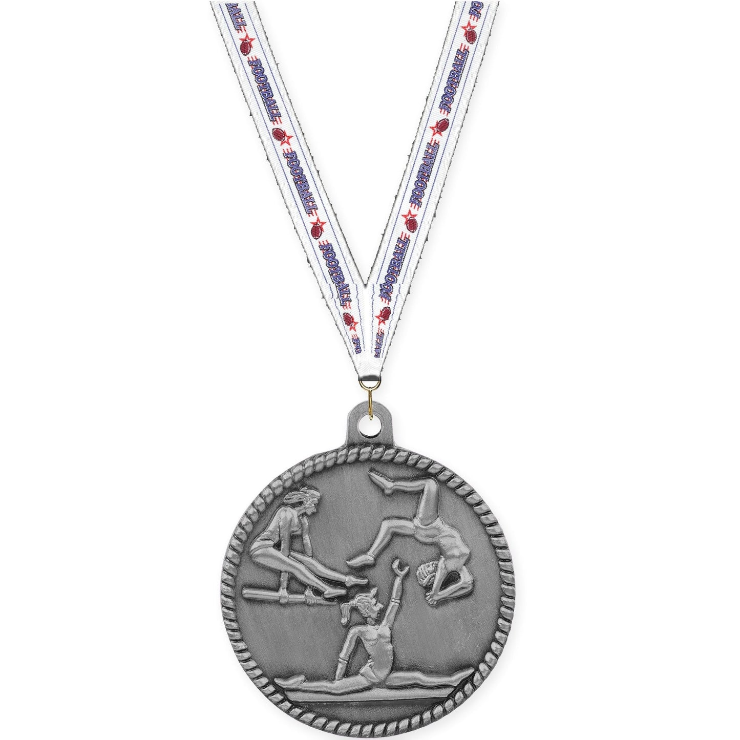 2 inch gymnastics High Relief medal in antique silver with Football neck ribbon