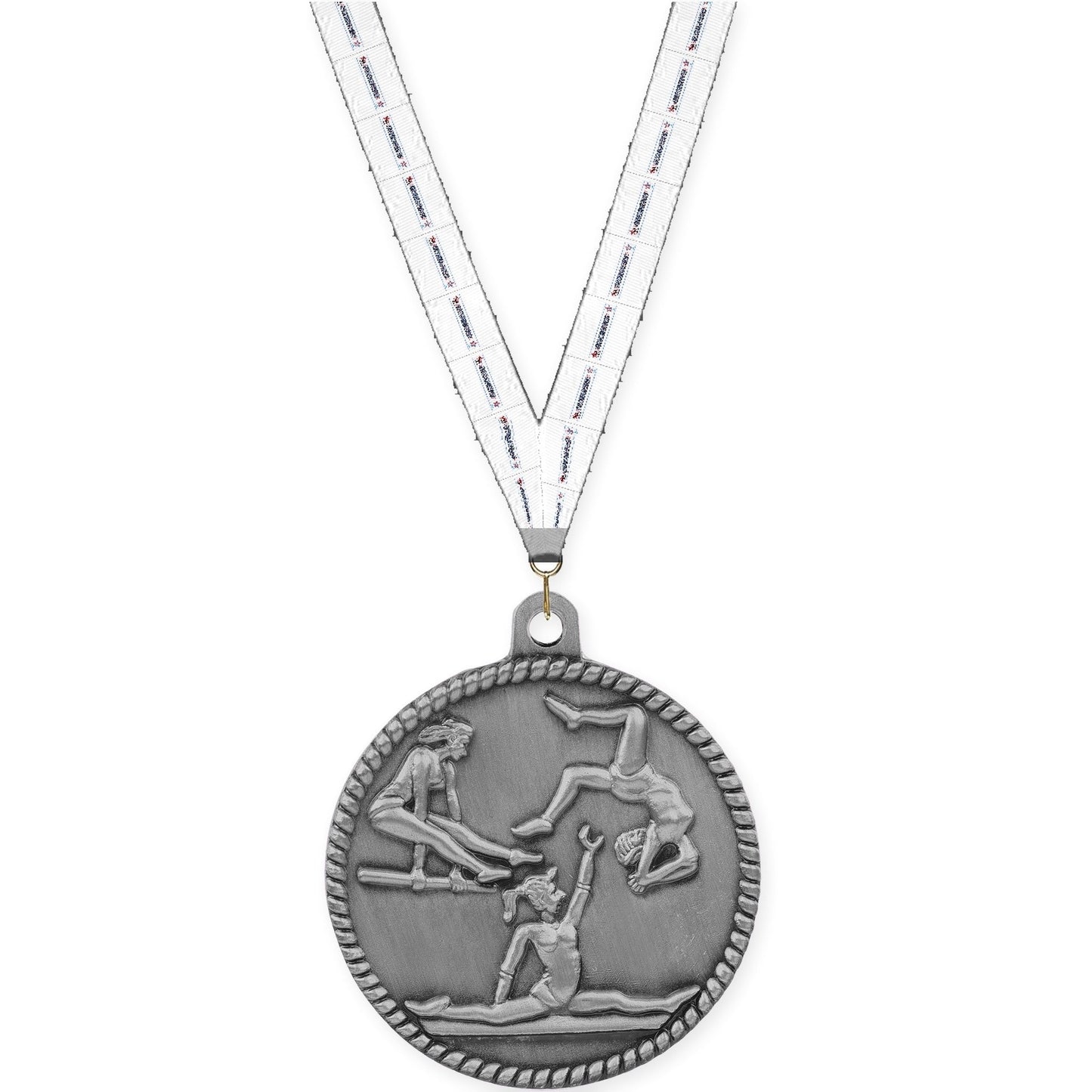 2 inch gymnastics High Relief medal in antique silver with Gymnastics neck ribbon