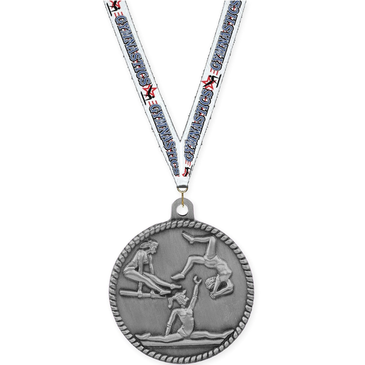 2 inch gymnastics High Relief medal in antique silver with Gymnastics neck ribbon