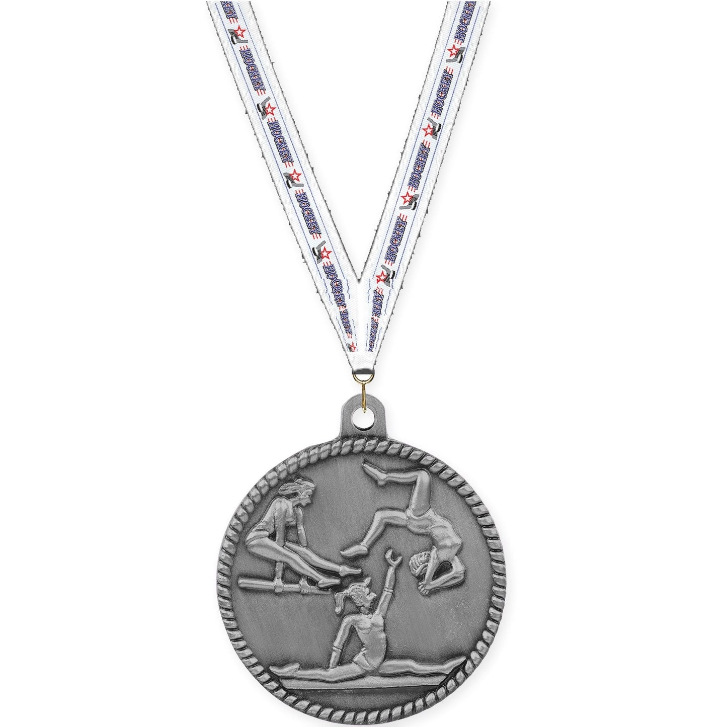 2 inch gymnastics High Relief medal in antique silver with Hockey neck ribbon