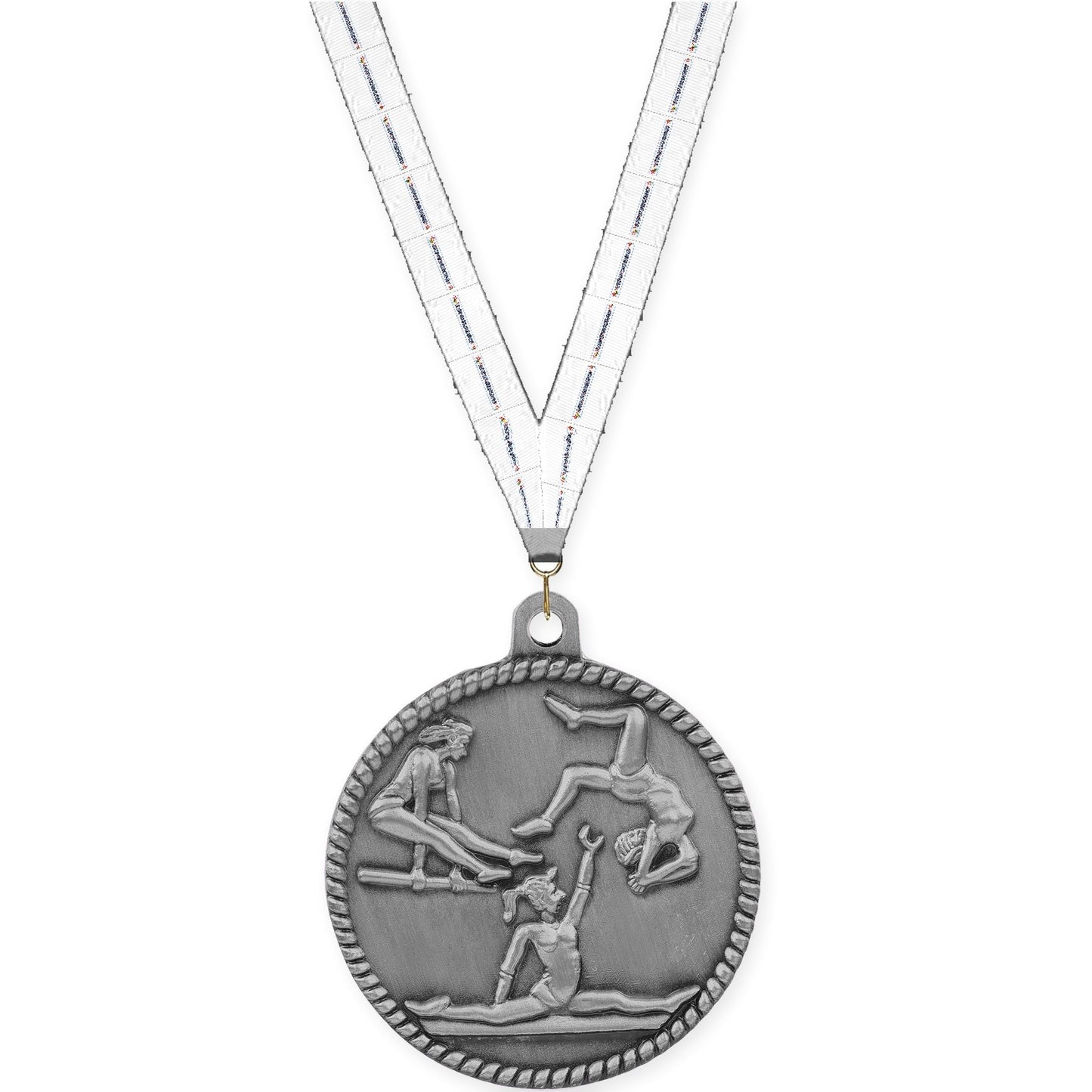 2 inch gymnastics High Relief medal in antique silver with Lamp Of Knowledge neck ribbon
