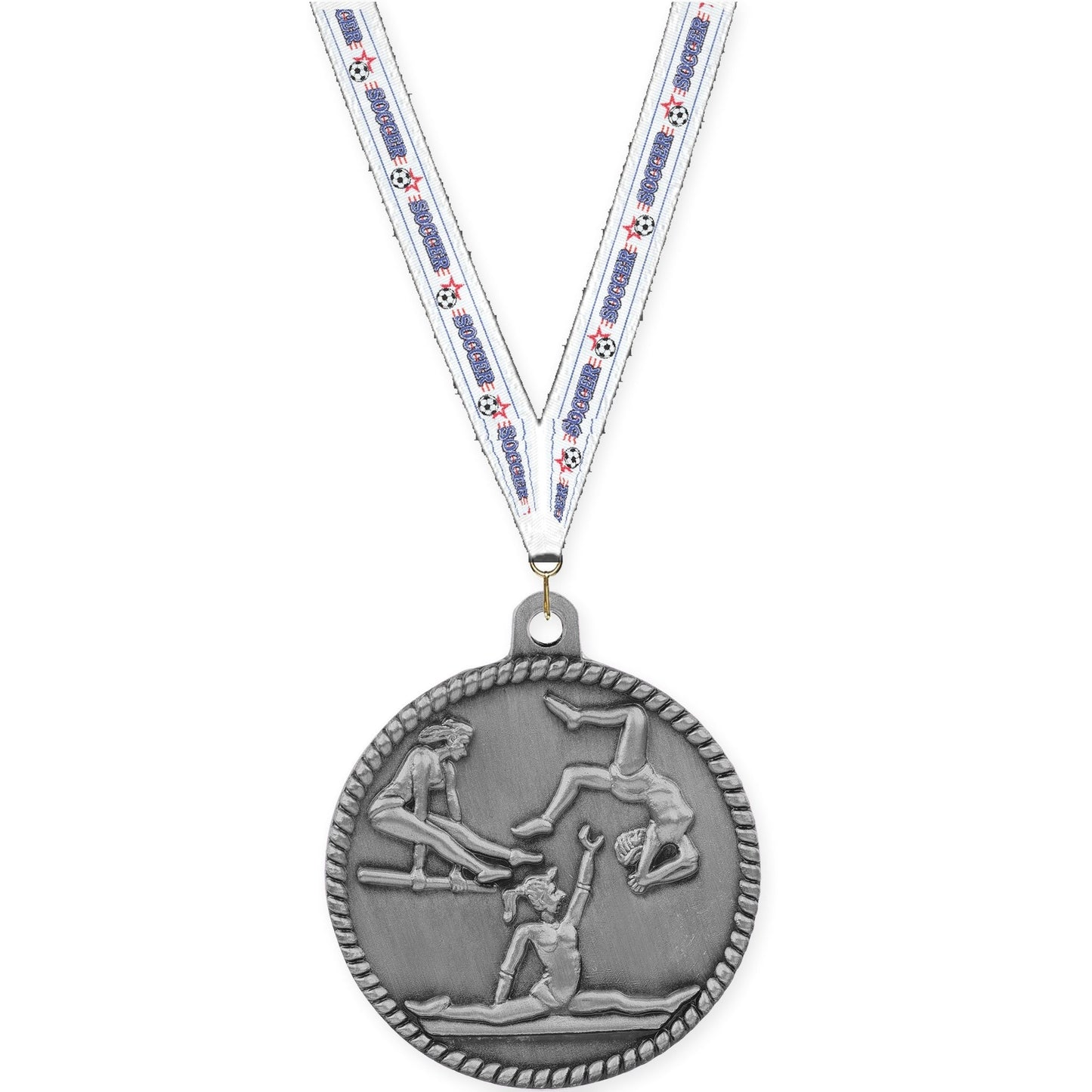 2 inch gymnastics High Relief medal in antique silver with Soccer neck ribbon