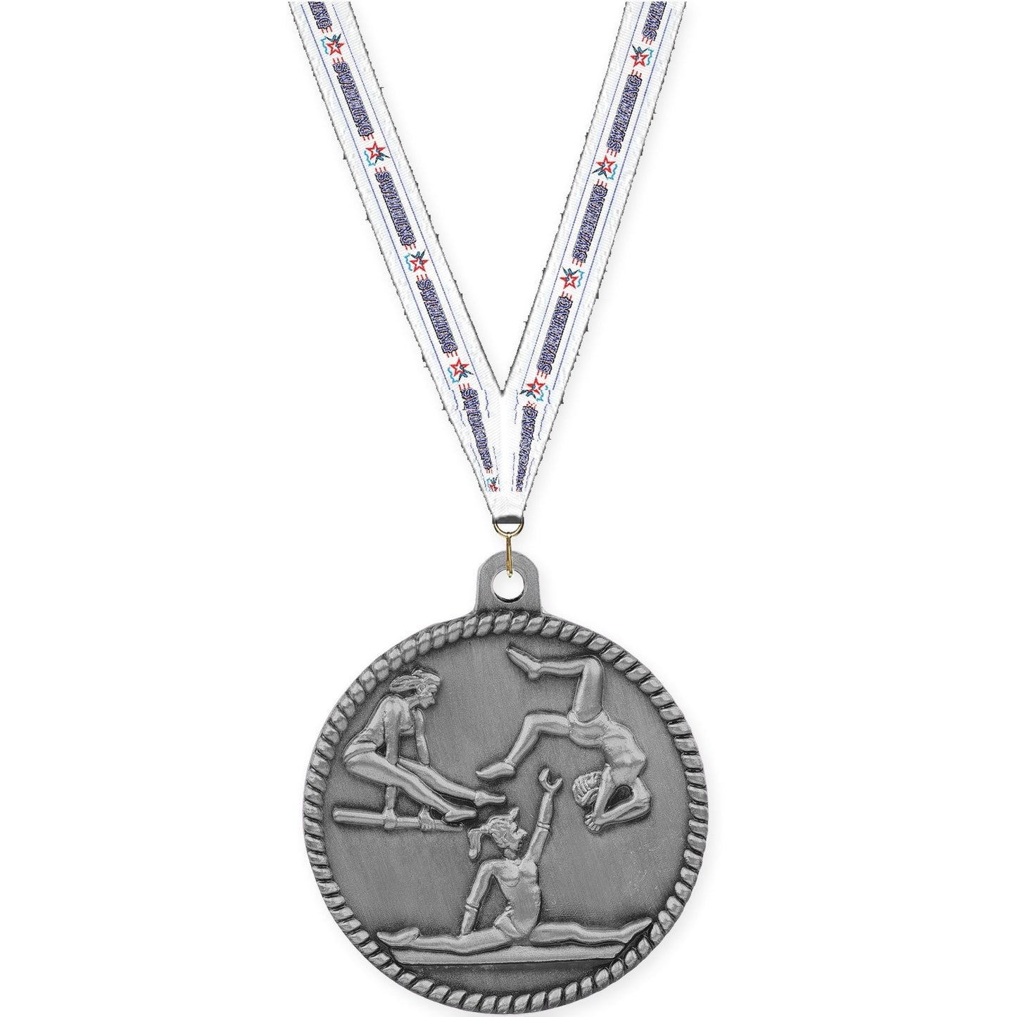 2 inch gymnastics High Relief medal in antique silver with Swimming neck ribbon