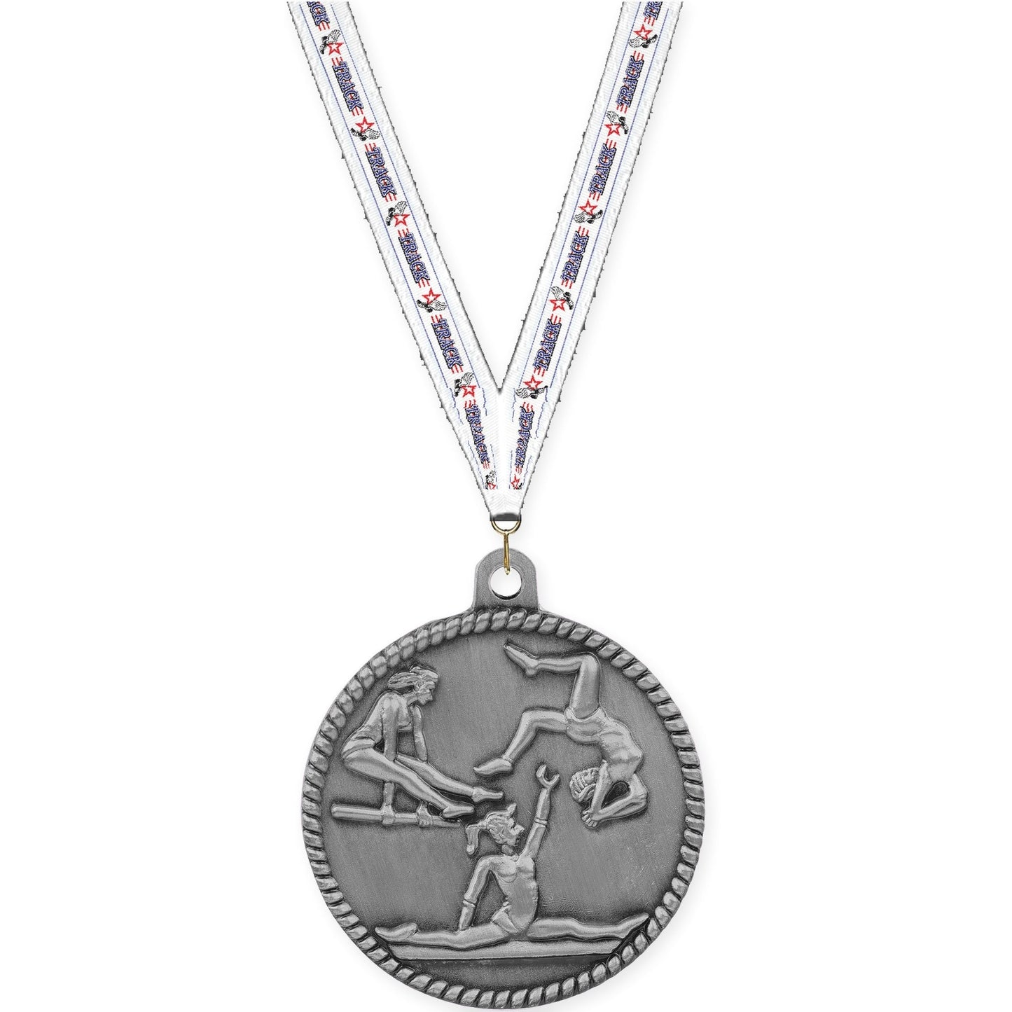 2 inch gymnastics High Relief medal in antique silver with Track neck ribbon