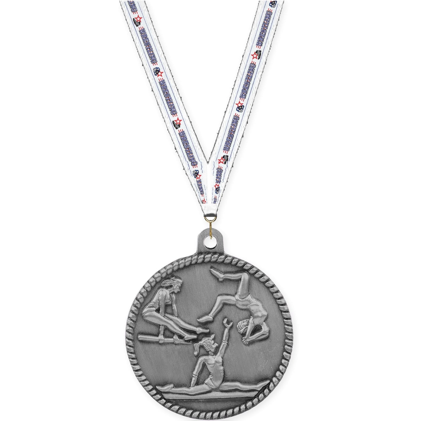 2 inch gymnastics High Relief medal in antique silver with Wrestling neck ribbon